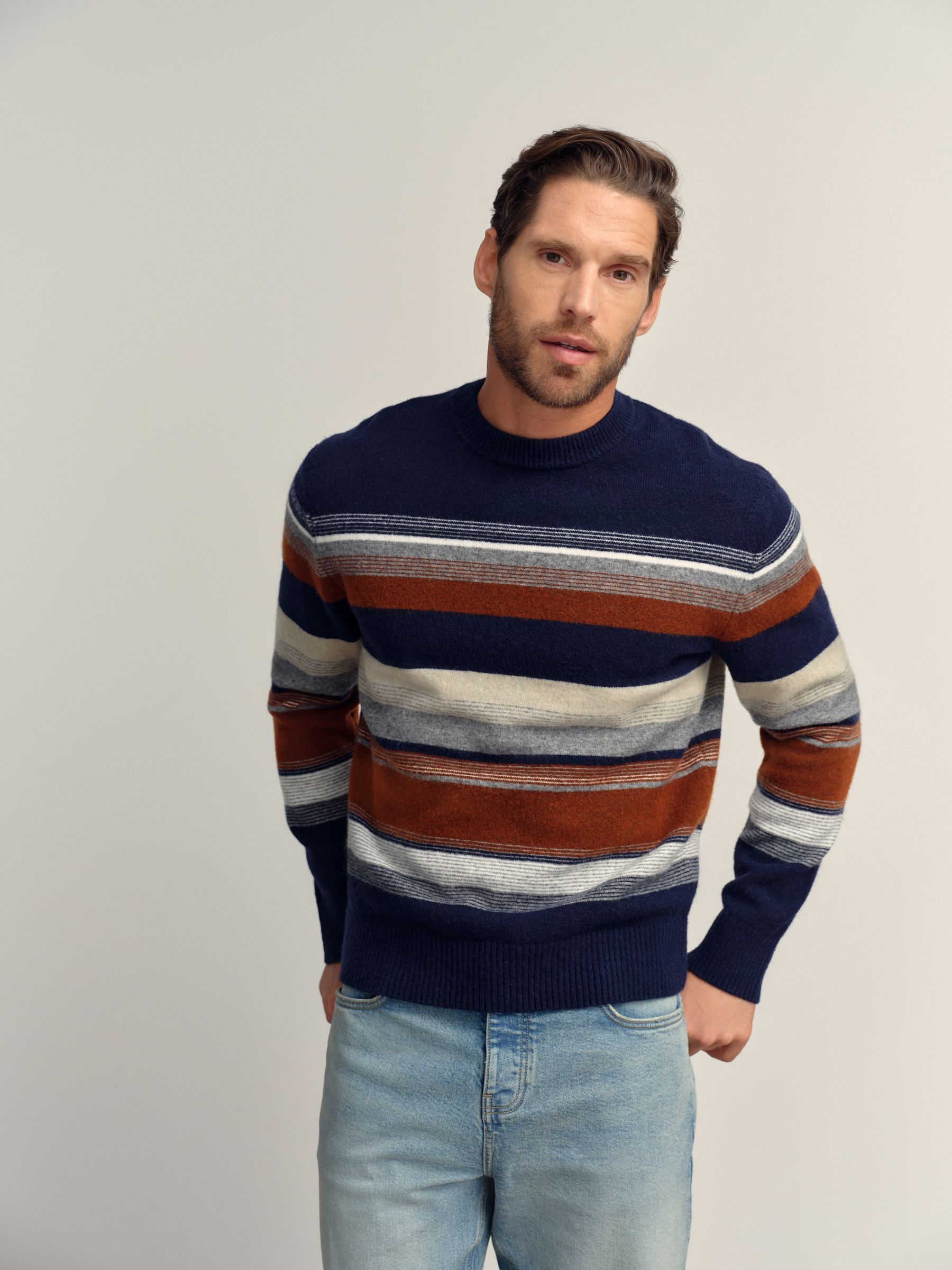 Donkerblauw - Regular Fit Cosy Stripe Crew Jumper with Wool