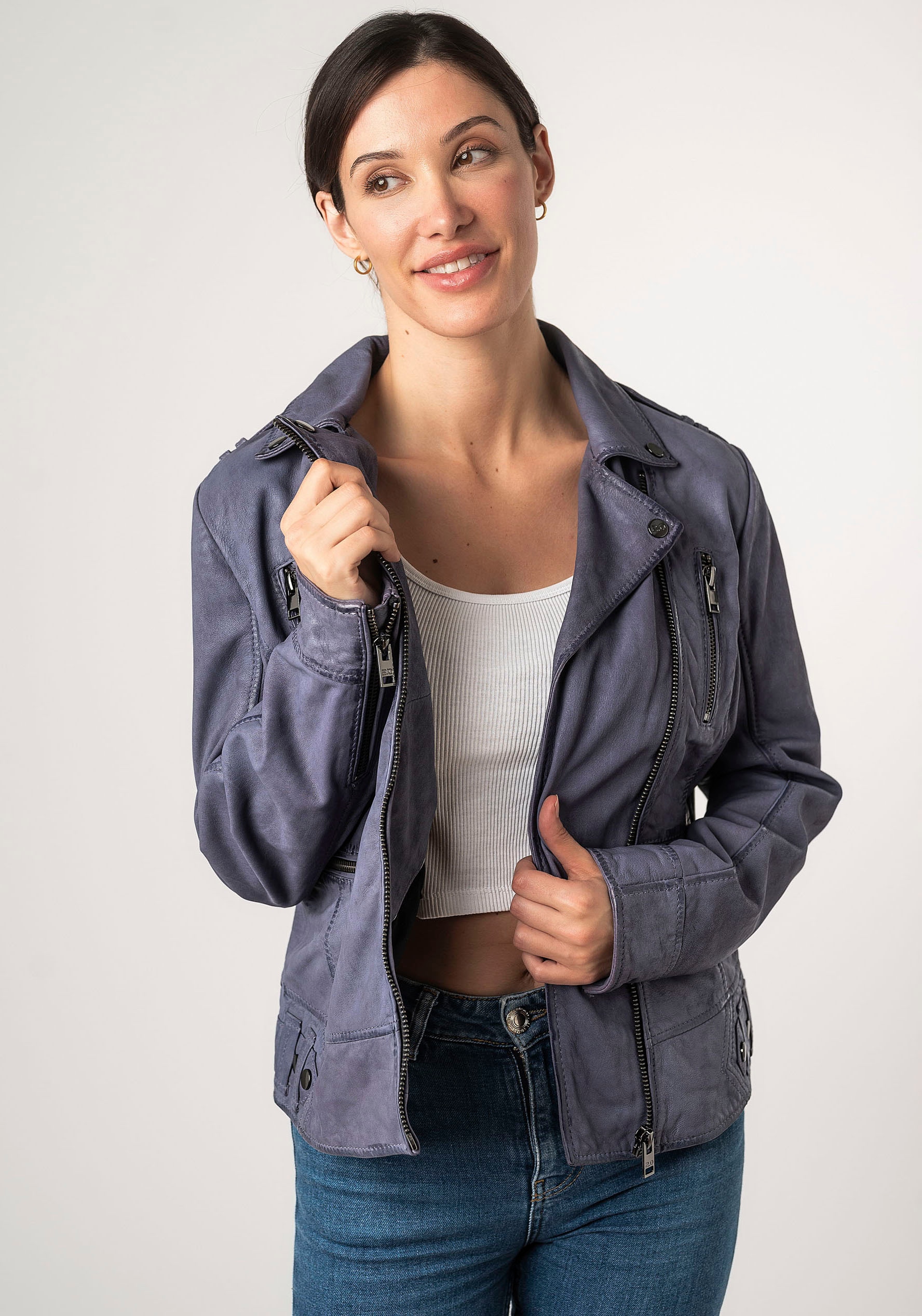 Mauritius Lederjacke »2Wtashi« mit Schulterklappen, mit Nieten, mit Zipper-Taschen