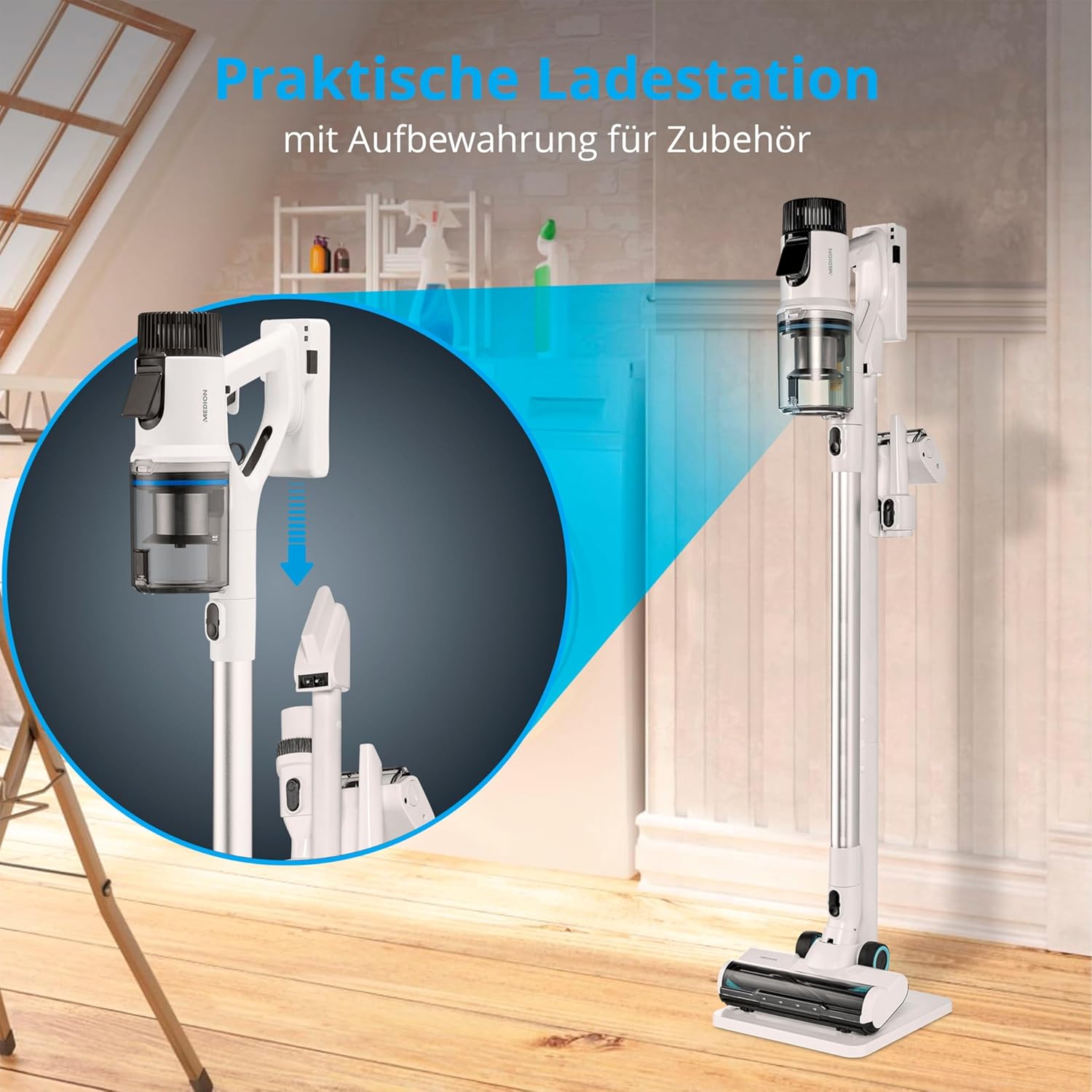 MEDION P400 W Stabstaubsauger mit Wischfunktion (kabellos, beutellos, Zyklon-Technologie, 400 Watt, 2in1 Stielstaubsauger Handstaubsauger, Akku, Staubsensor, HEPA H13, LED Touch Display, Bürstenrolle)
