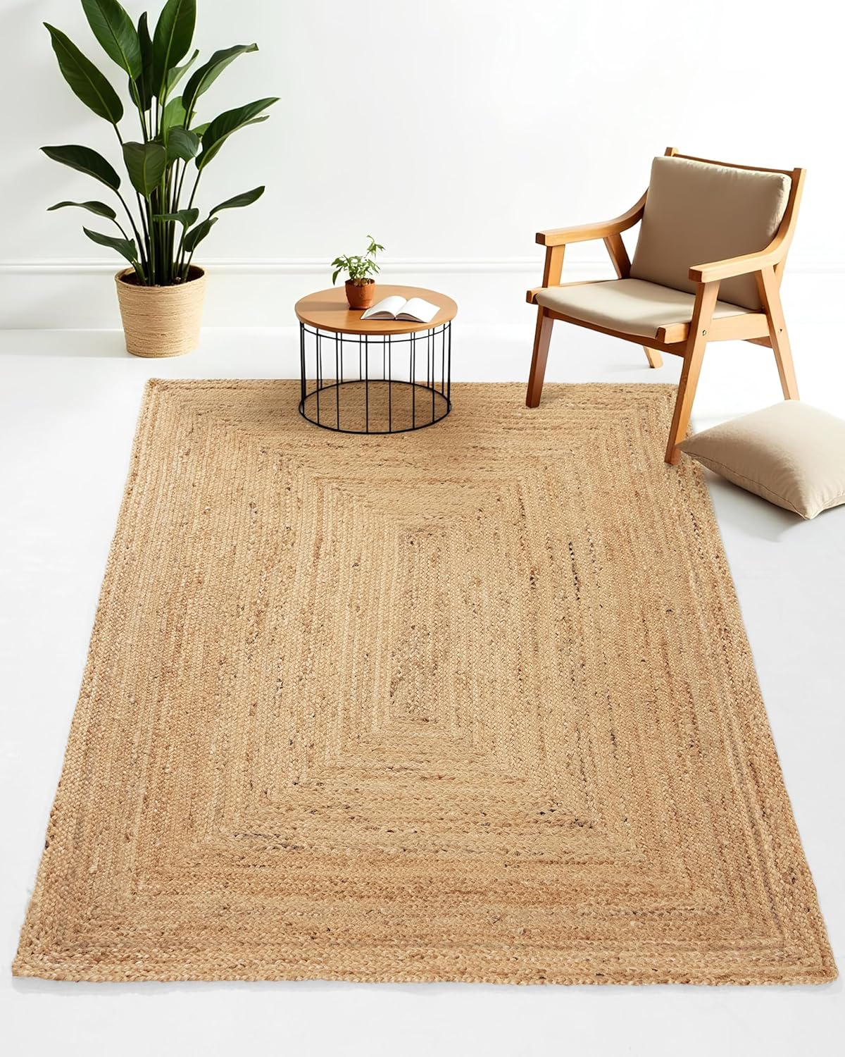 carpetfine Juteteppich Nele Beige handgewebt aus Jute 160x230 cm | Moderner Naturfaserteppich im Boho Style für Wohnzimmer, Küche und im Flur