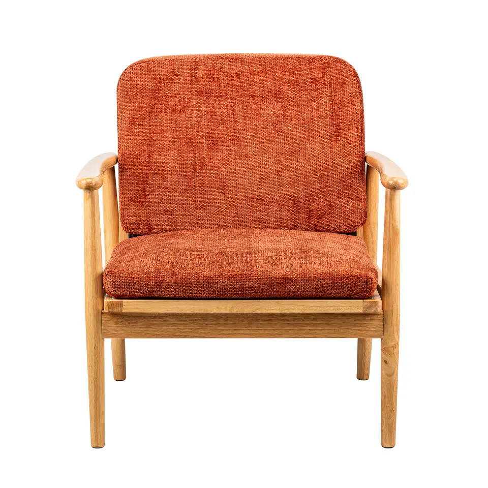Fauteuil van massief hout en terracotta stof