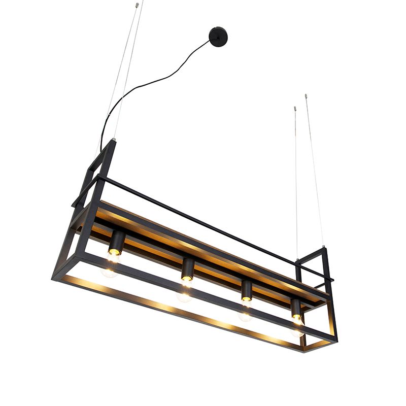 Industriële hanglamp zwart met hout en rek 4-lichts - Cage Rack