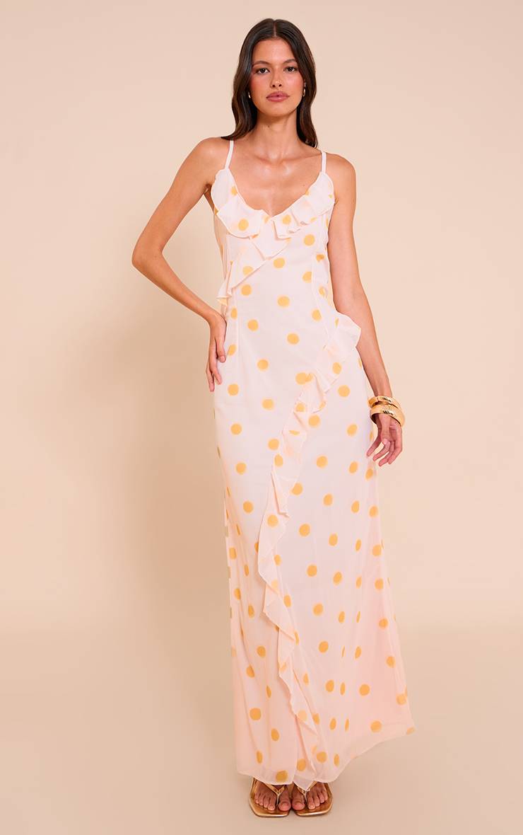Citron Robe Longue À Bretelles En Mousseline Imprimée À Pois Avec Détails À Volants