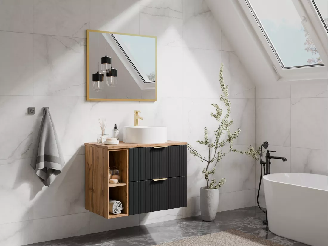 Meuble de salle de bain suspendu strié avec niches et vasque à poser ronde - Noir et naturel clair - L80 cm - ZEVARA