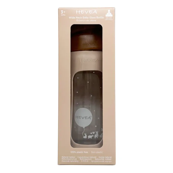 Hevea Biberon en verre à col large avec housse de protection Débit moyen | Sable