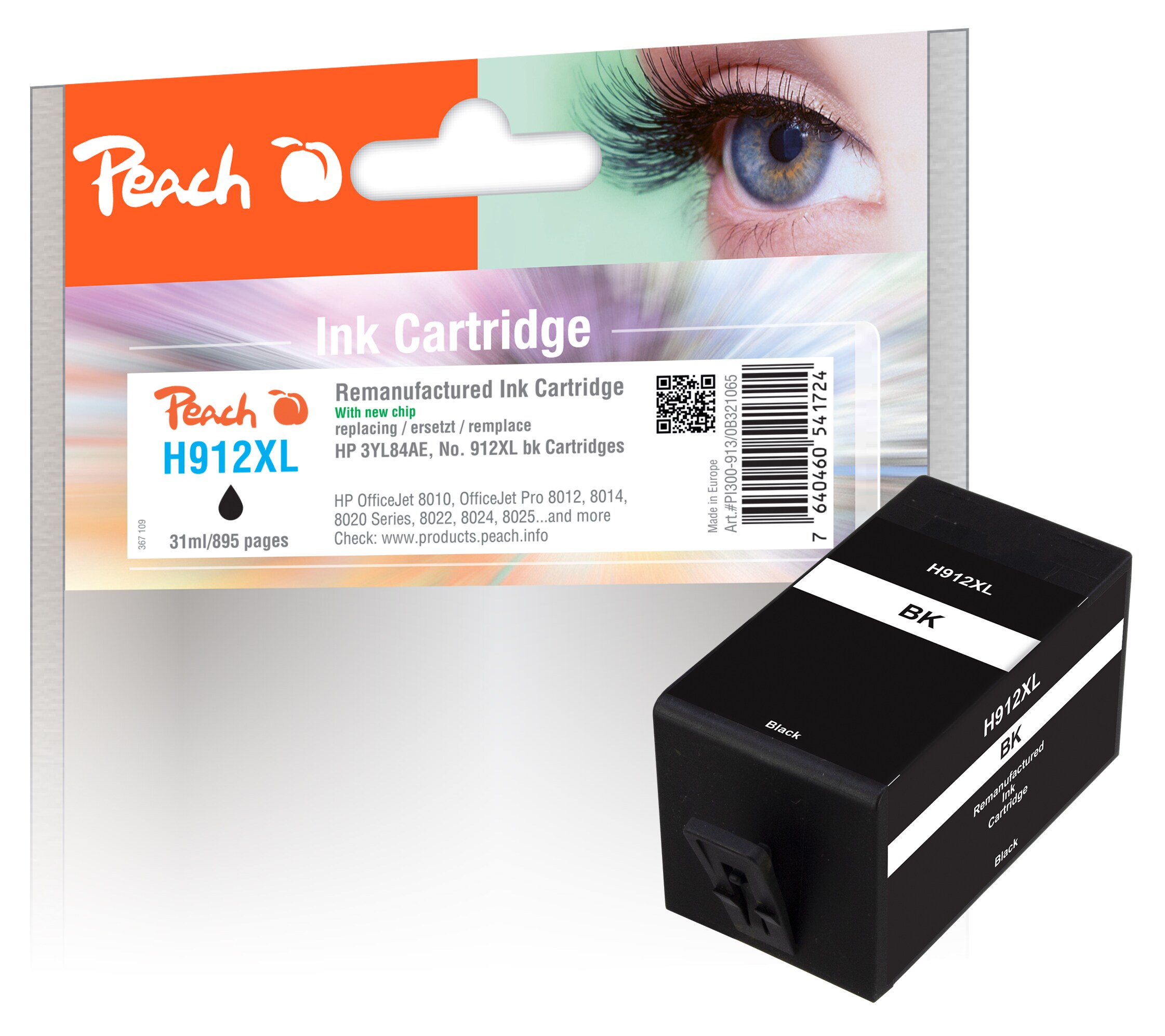 Peach HP 912 XLBK Druckerpatrone XL bk ersetzt HP No. 912XL BK, 3YL84AE für z.B. HP OfficeJet Pro 8014, HP OfficeJet 8010, HP OfficeJet Pro 8012 (wiederaufbereitet)
