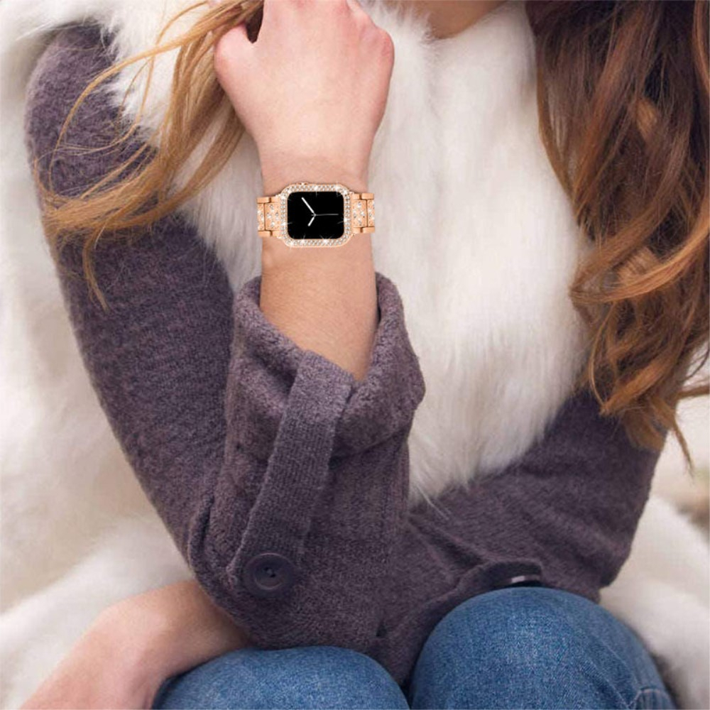 Apple Watch Series 7 (41 mm) Glitzer Edelstahl Armband mit Bumper Hülle - Roségold