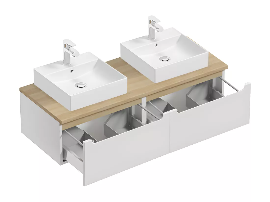 Meuble double vasque 120cm 2 tiroirs Livia Blanc et Bois