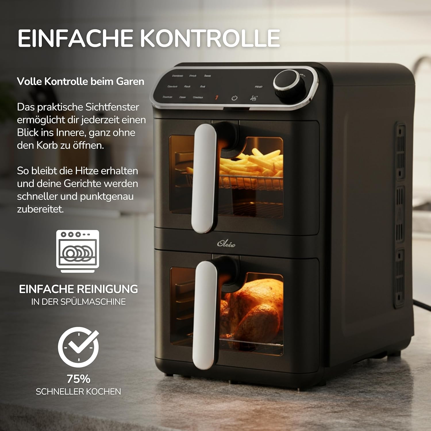 Maestro Airfryer Doppelkammer XXL Heißluftfritteuse 2 Kammern I 2460W - Heißluftfritteuse mit Glas Sichtfenster I 11L I Antihaftbeschichtung I spülmaschinenfest I platzsparend I energiesparend