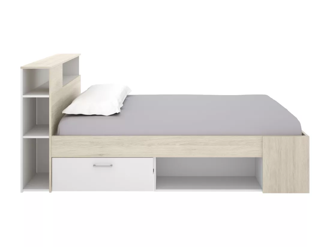 Lit avec tête de lit rangements et tiroir - 120 x 190cm - Coloris : Naturel et blanc + Sommier - LEANDRE