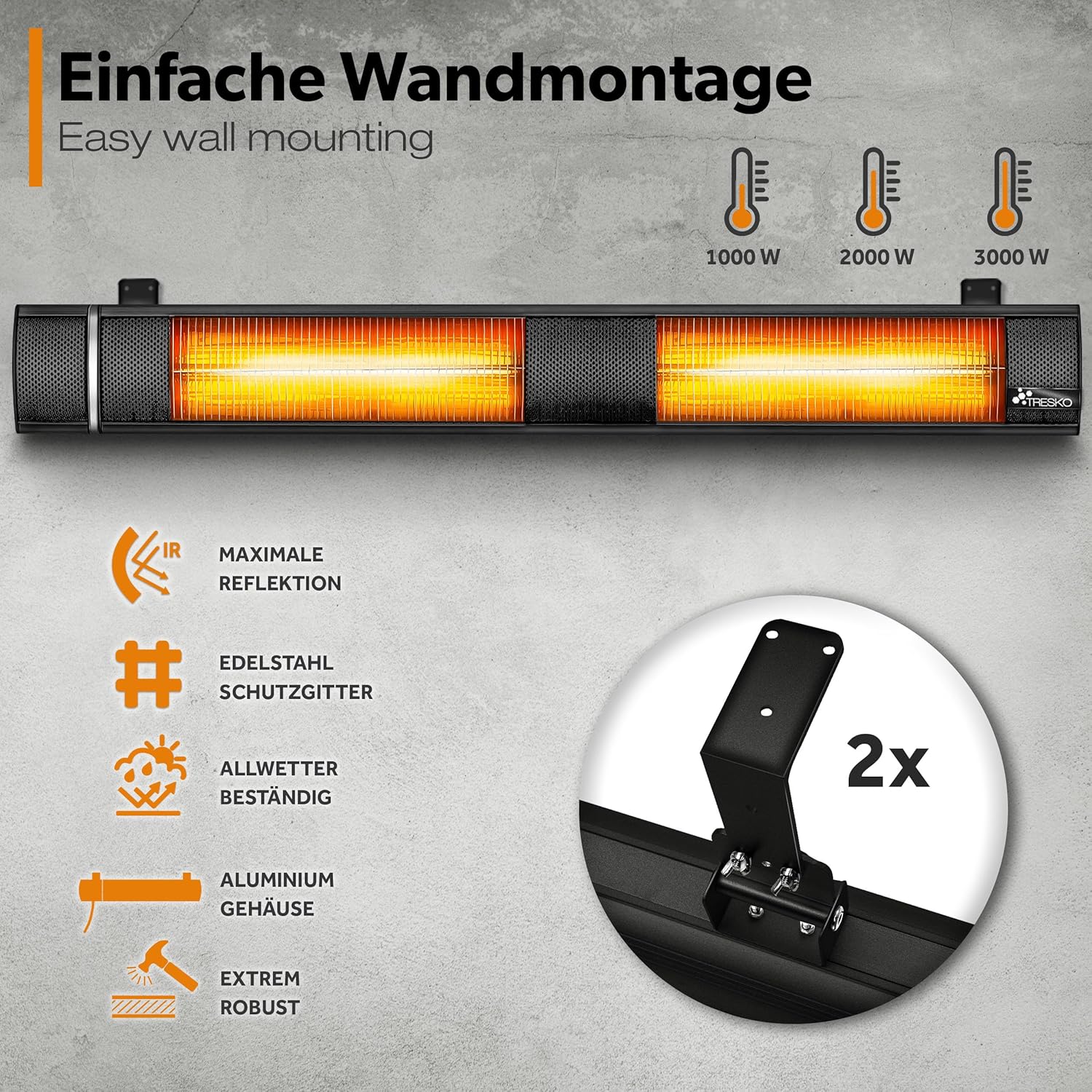 TRESKO Infrarot Heizstrahler 3000W mit Fernbedienung | Wärmestrahler Terrasse elektrisch mit 3 Heizstufen | Terrassenstrahler Innen & Außen | Wand Infrarotstrahler Wickeltischstrahler