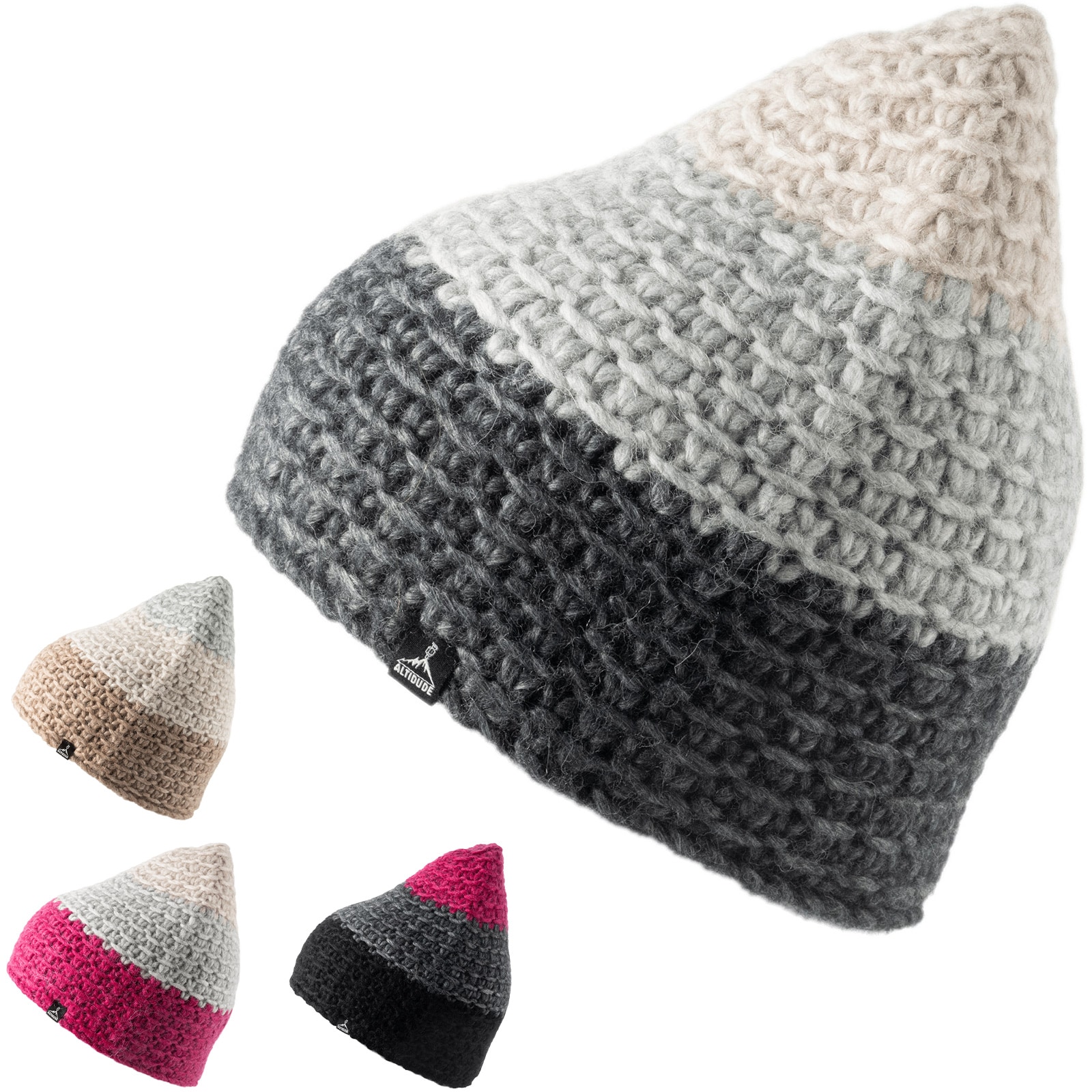 ALTIDUDE Winter Mütze Nest Trio Grob Strickmütze Unisex Beanie Lamm Merino Wolle Farbe: Dark Grey/Light Grey/Beige
