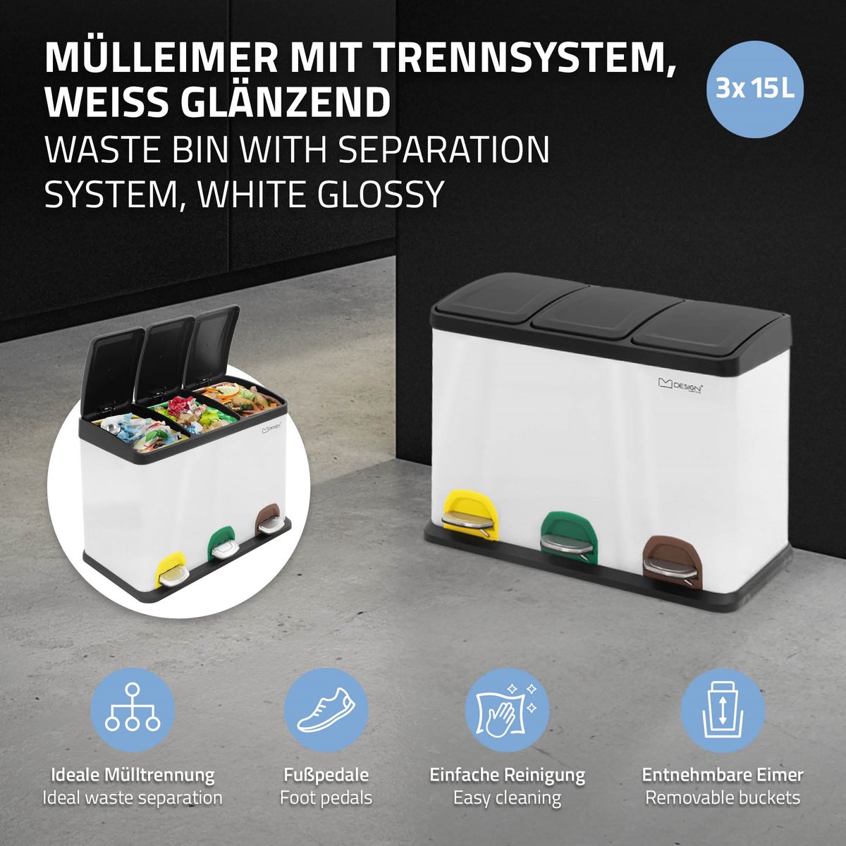 ML-Design Keuken Prullenbak 3x 15L (45L), Wit, 3-compartimenten afvalscheidingssysteem, Pedaalemmer voor afvalscheiding, Stalen bak met kunststof binnenemmer en scharnierend deksel, Kleurgecodeerd