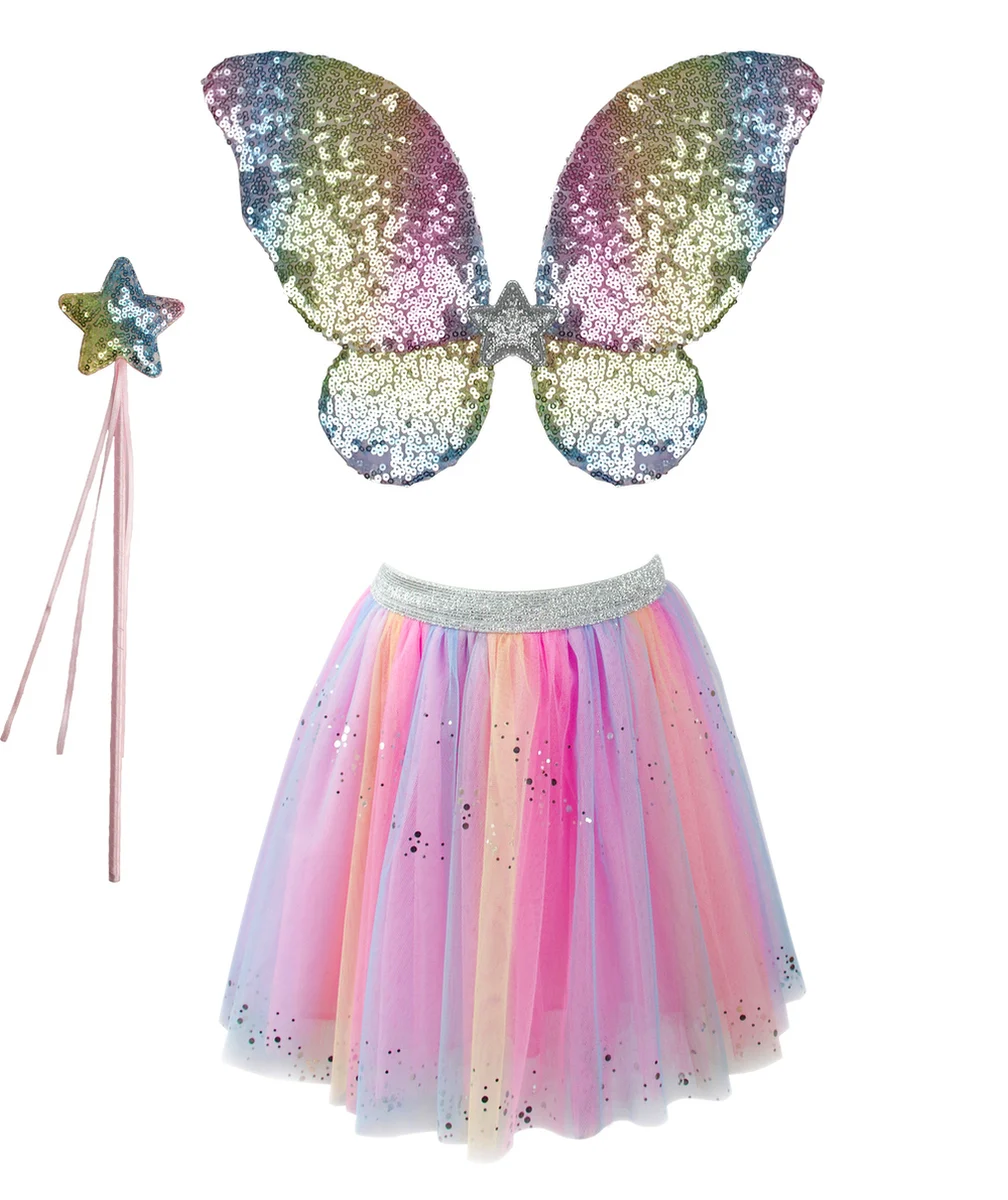 GREAT PRETENDERSDÉGUISEMENT PAPILLON FILLE ARCENCIEL AVEC JUPE AILES ET BAGUETTE