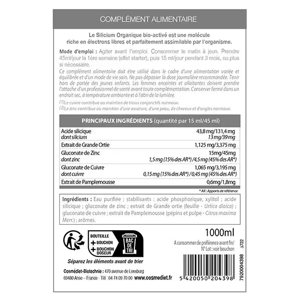 Vitasil Orgânico de Silício, Urtiga, Cobre e Zinco 1L