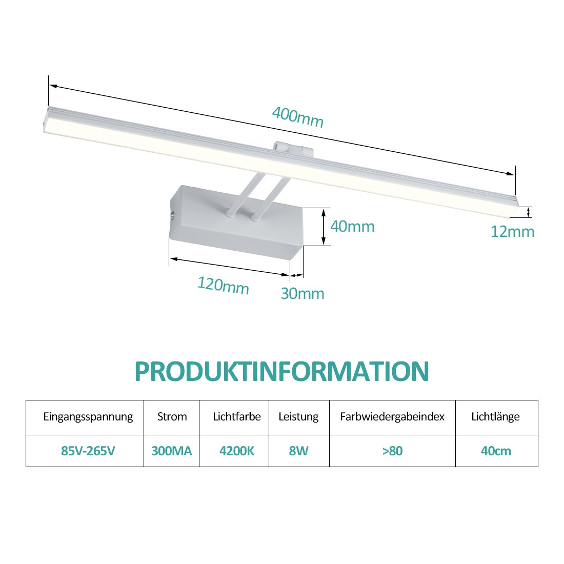 EMKE LED-spiegellamp, badkamerspiegellamp, 40 cm, 200° draaibaar, LED-badkamerspiegellamp, spiegelkastverlichting, 4200K, IP44, kastverlichting (wit)