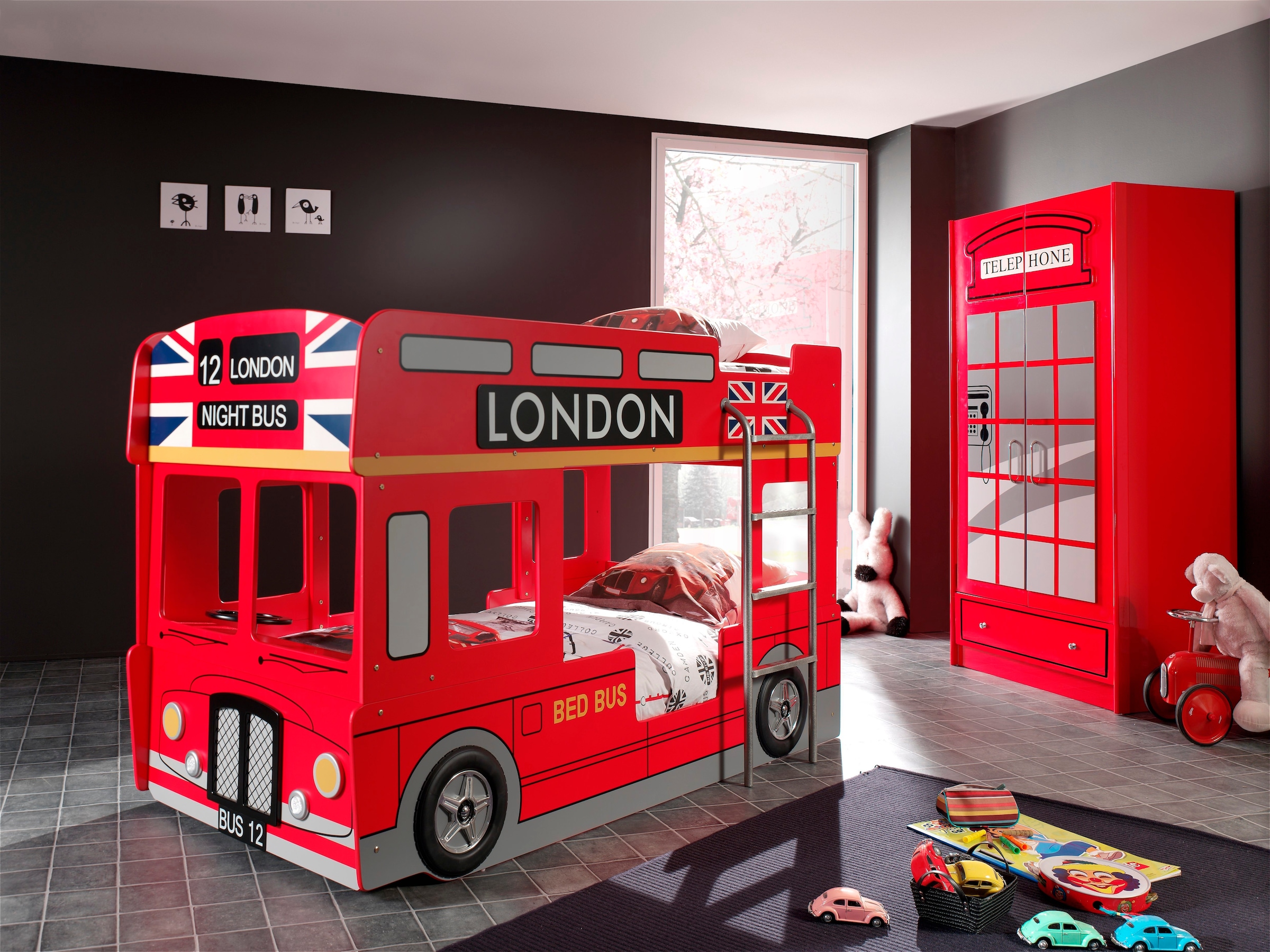 Vipack Etagenbett »London, in Londoner Stadtbuss-Optik, das Highlight im Kinderzimmer« B/H/T ca. 215x132x100cm, MDF rot lackiert mit Applikationen,  inkl. Bodenplatten für die Matratzenauflagen und seitlicher Leiter