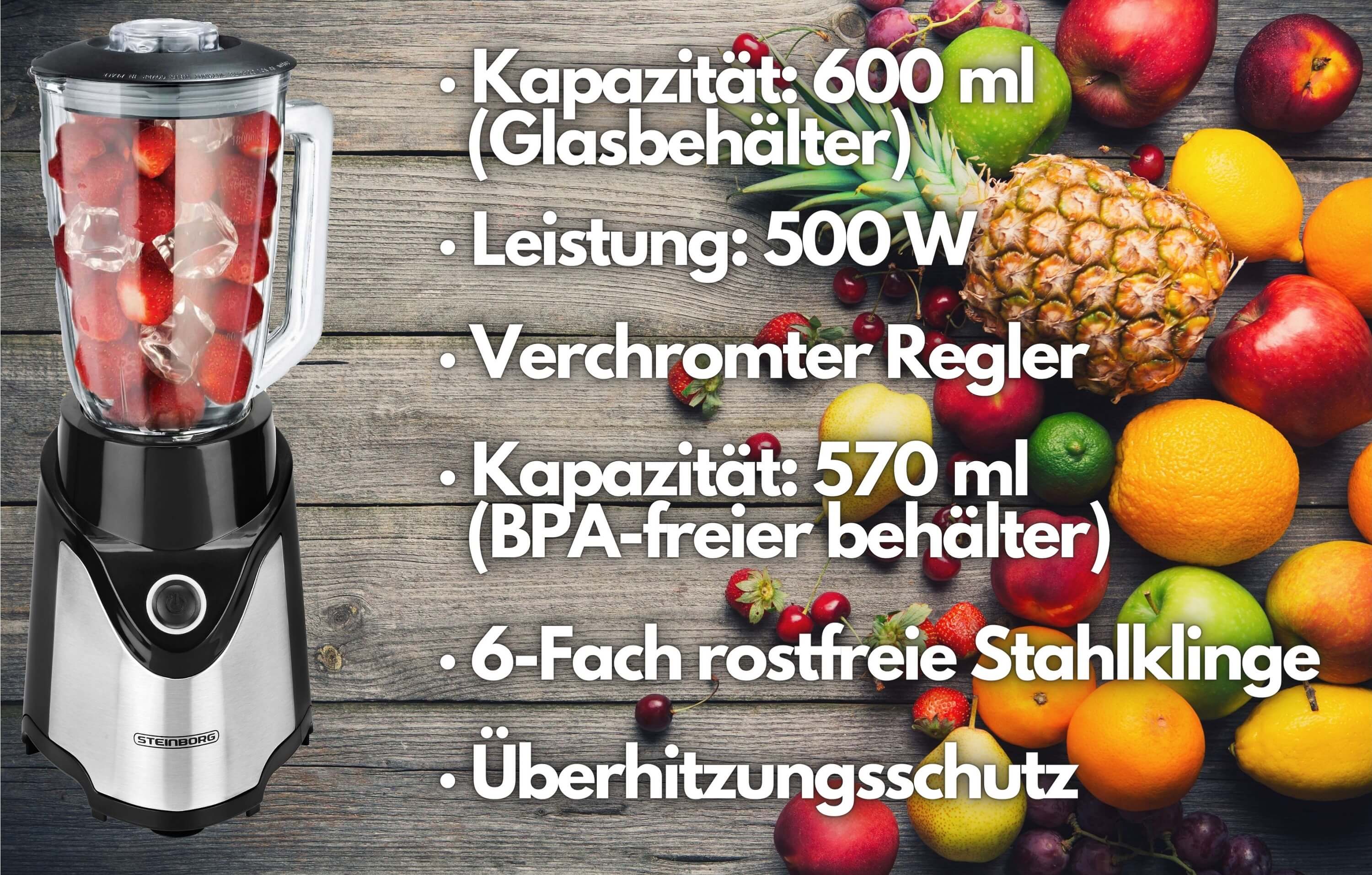 Steinborg Standmixer mit To-Go Becher + Glaskrug BPA-frei 500W