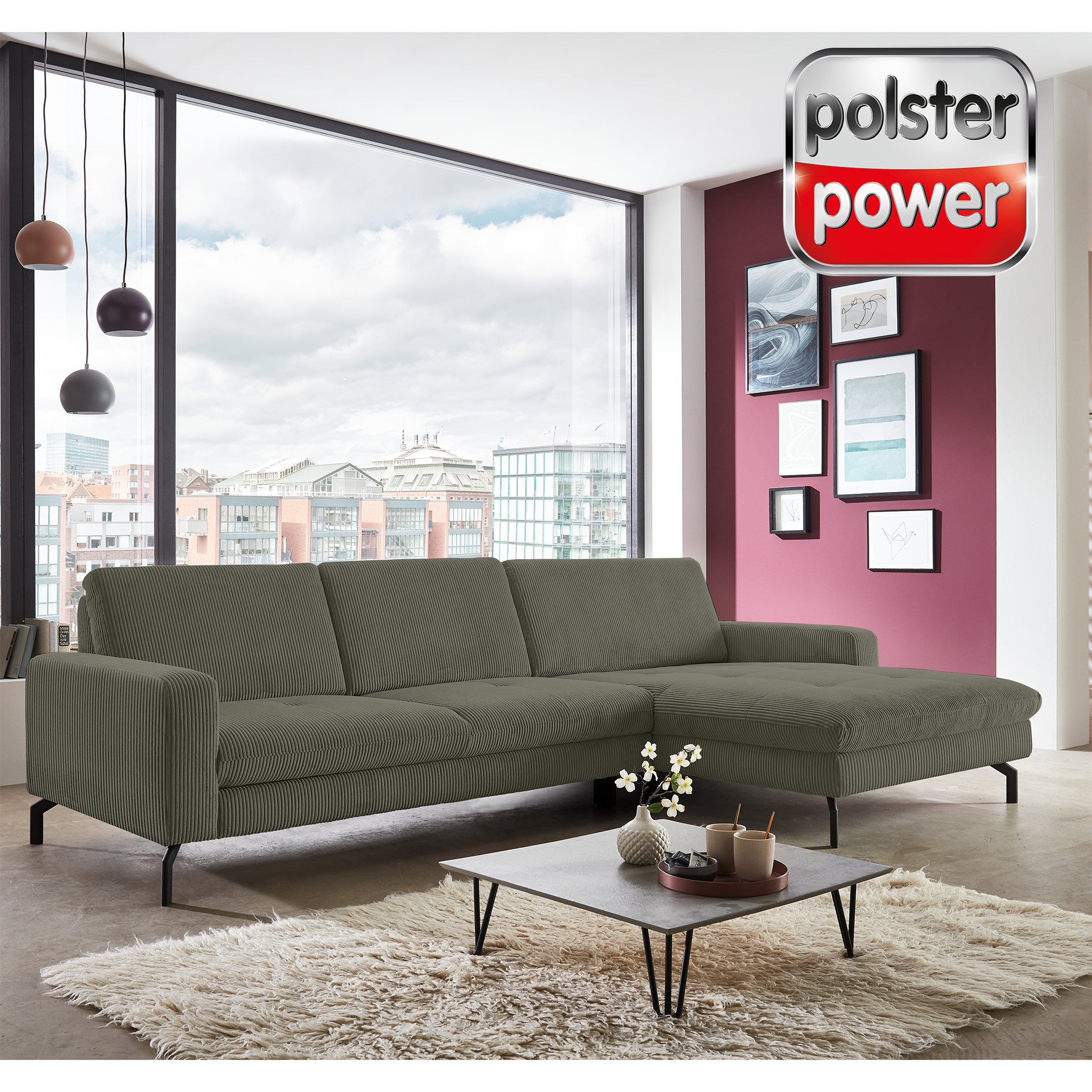 polsterpower Ecksofa - forest - Feincord - Basismodell - Canapé rechts