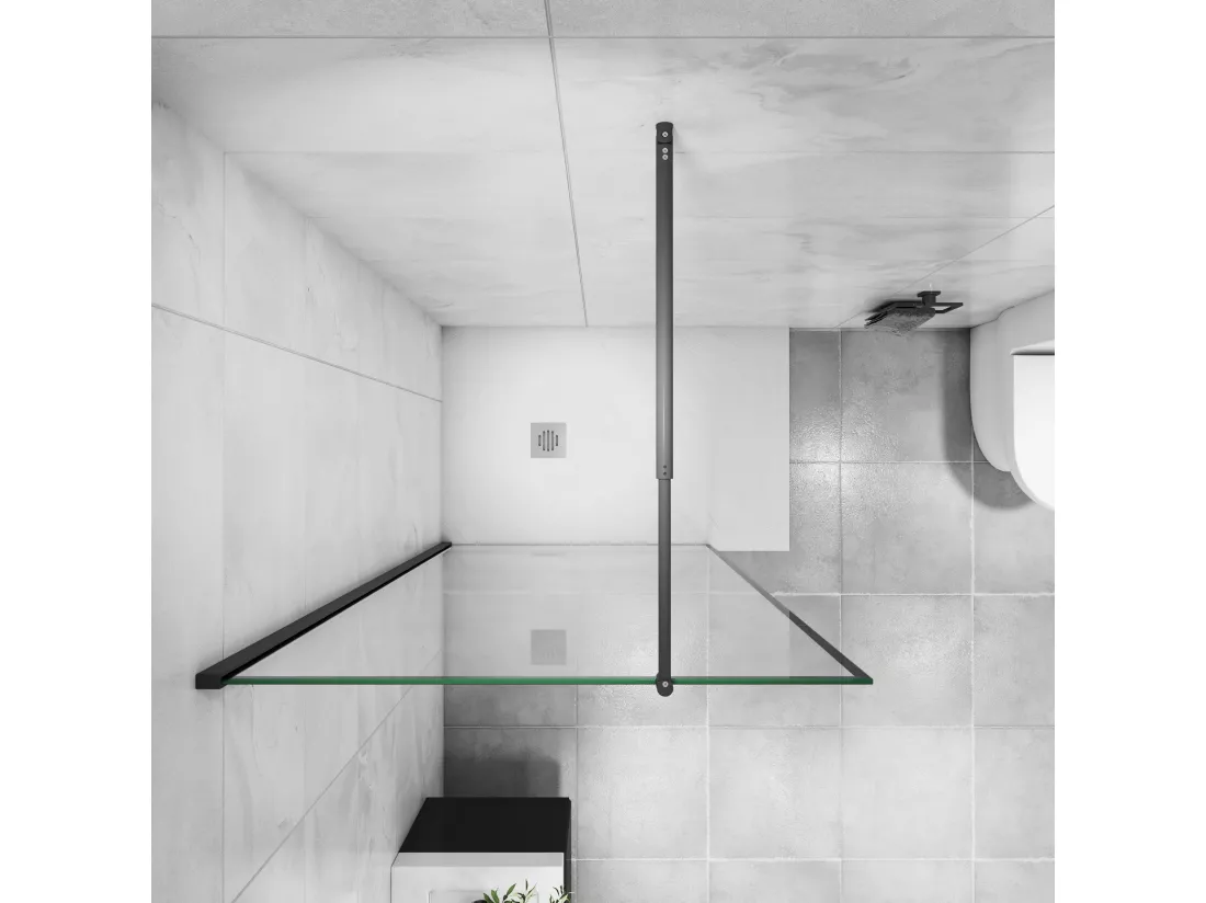 Paroi de douche noire 140x200cm à l'italienne avec barre de fixation noire 70-120cm en cylindrique, en 8mm verre trempé anticalcaire