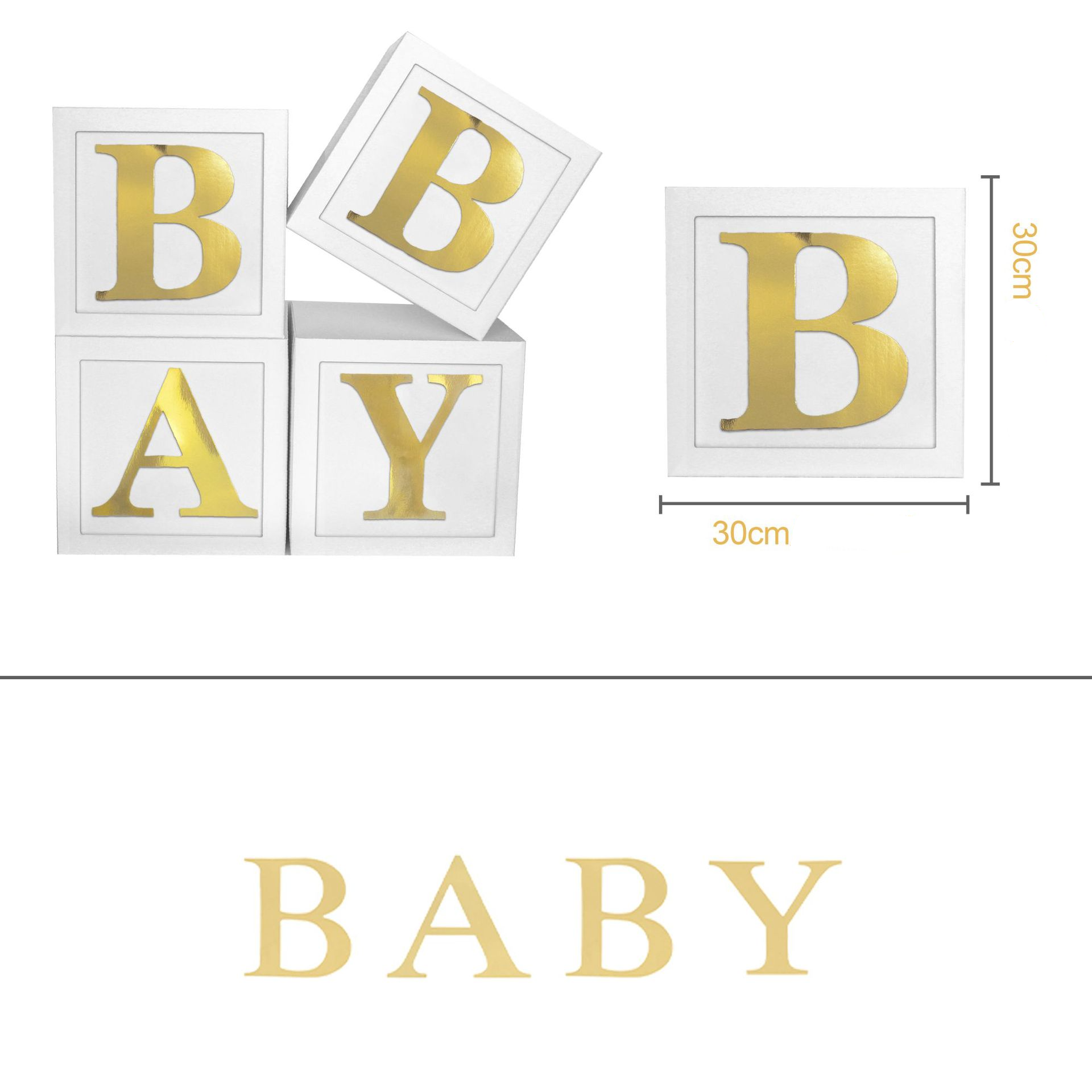 (4er Set) Baby Buchstaben Boxen Party Deko Accessoire Faltbare Papier Kisten Baby Shower / Gender Reveal - Weiss / Gold