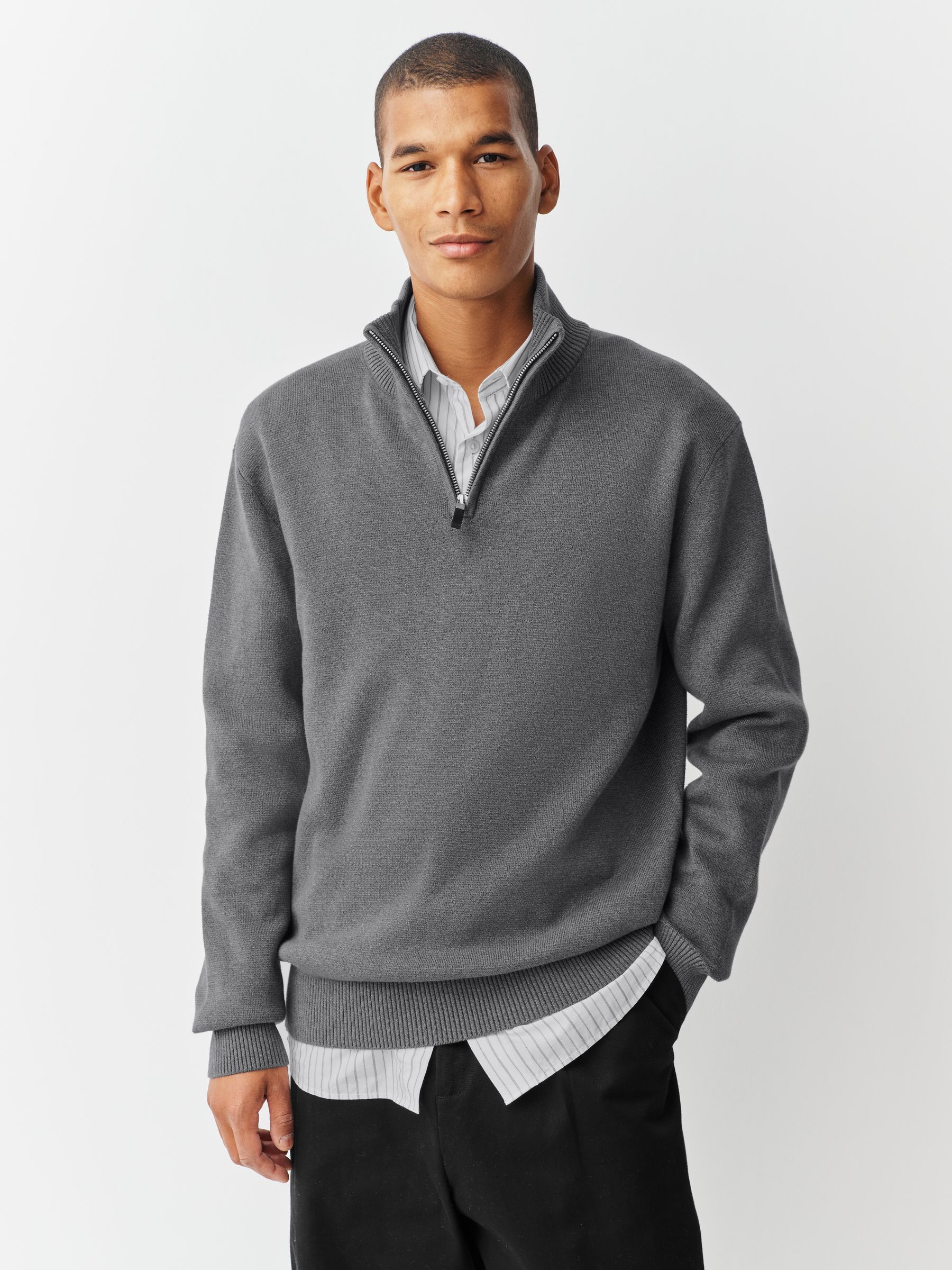 Antraciet - Effen - Regular fit 100% katoenen premium trui met korte rits