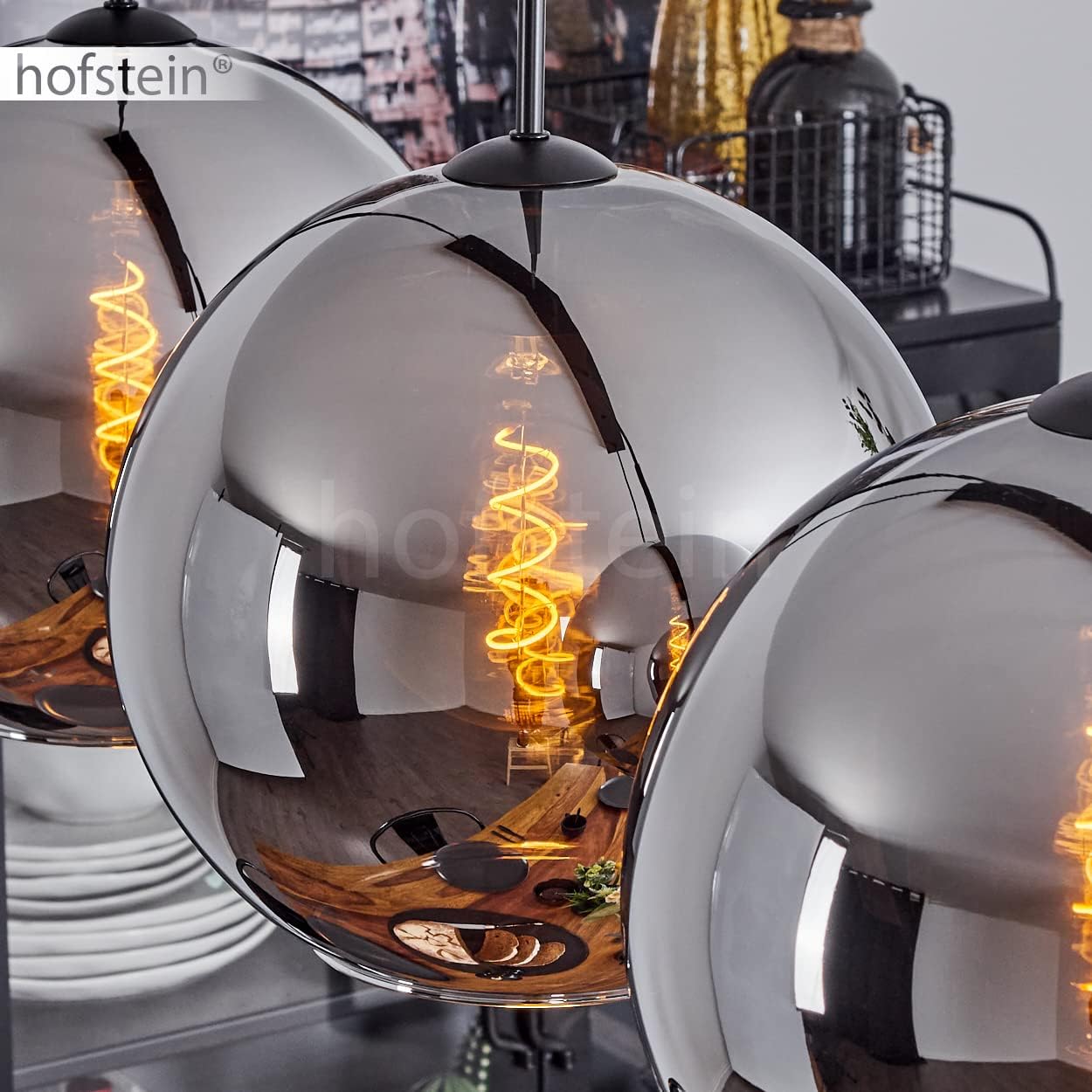 Hängeleuchte Koyoto, Hängelampe aus Metall/Glas in Schwarz/Chromfarben, Leuchte 4-flammig im Vintage/Retro Design mit Schirmen aus Glas (Ø 30 cm), Höhe max. 152 cm, 4 x E27, ohne Leuchtmittel