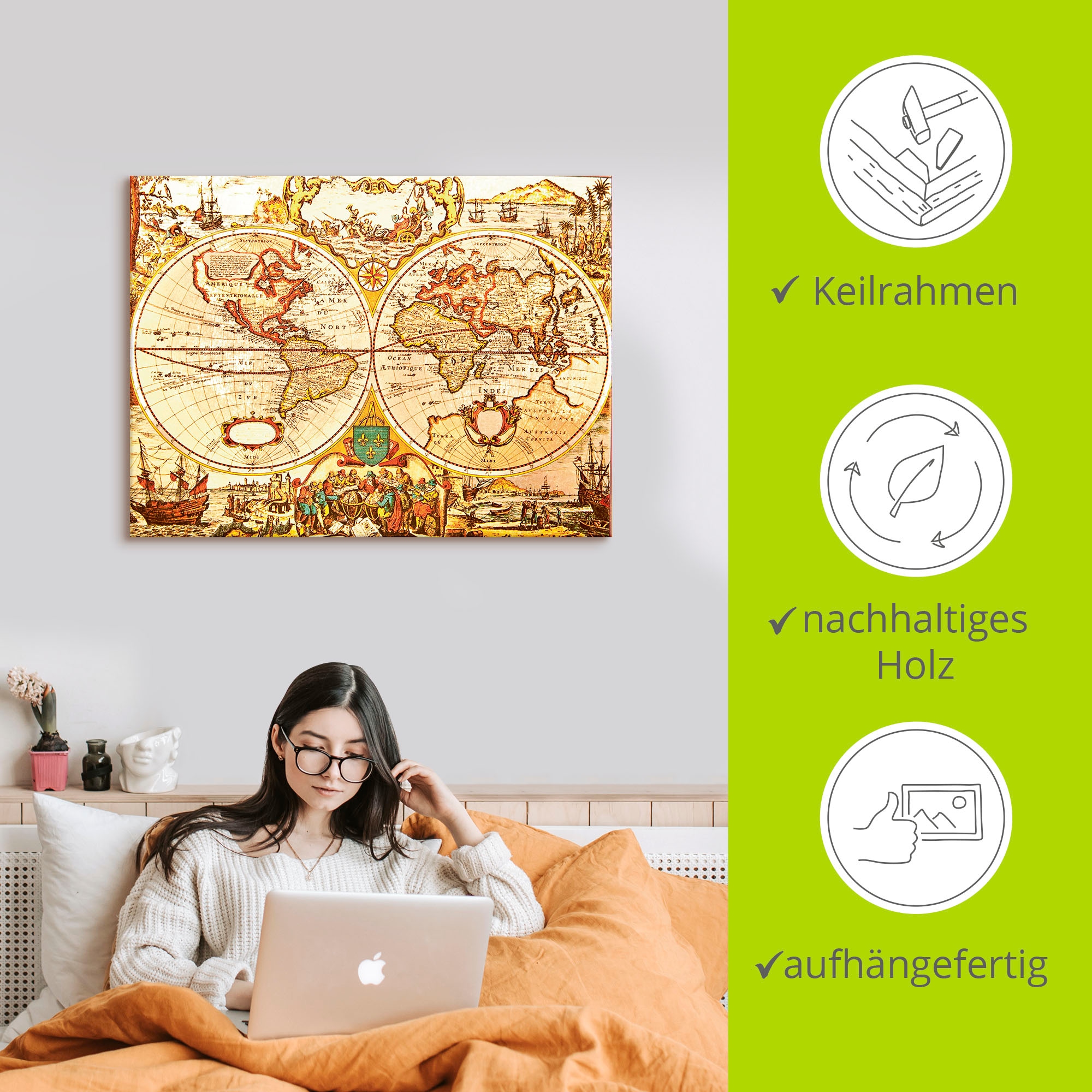 Artland Leinwandbild »Antike Weltkarte« 1 Stk. tlg. als Alubild, Outdoorbild, Leinwandbild, Poster, Wandaufkleber