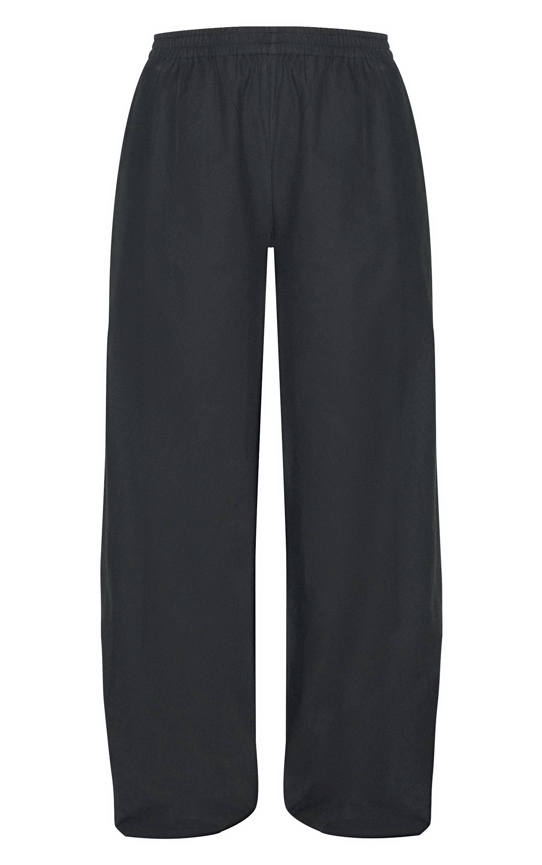 Noir Pantalon Droit À Taille Élastiquée En Mélange Coton Lin