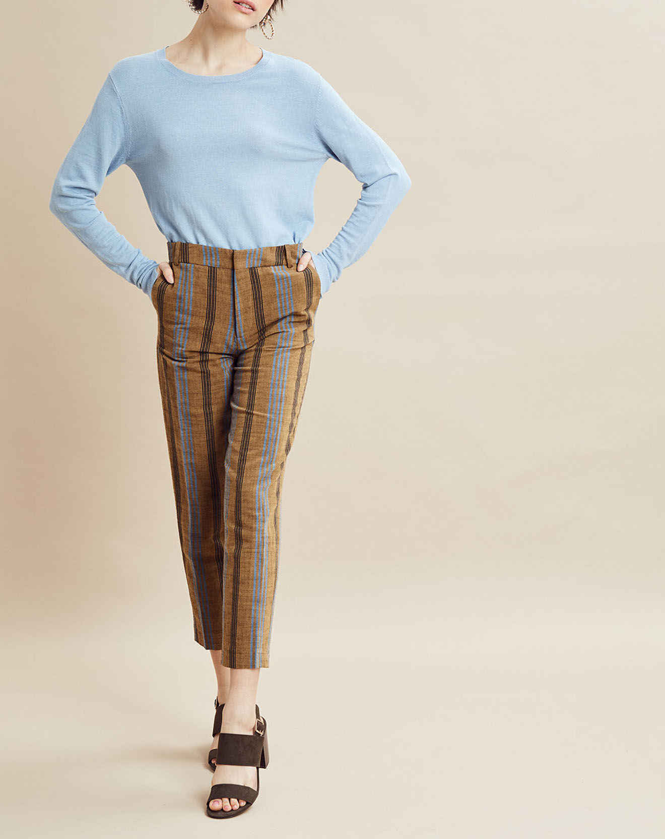 Chloé Stora Pantalon en Coton & Lin rayé Pavel marron