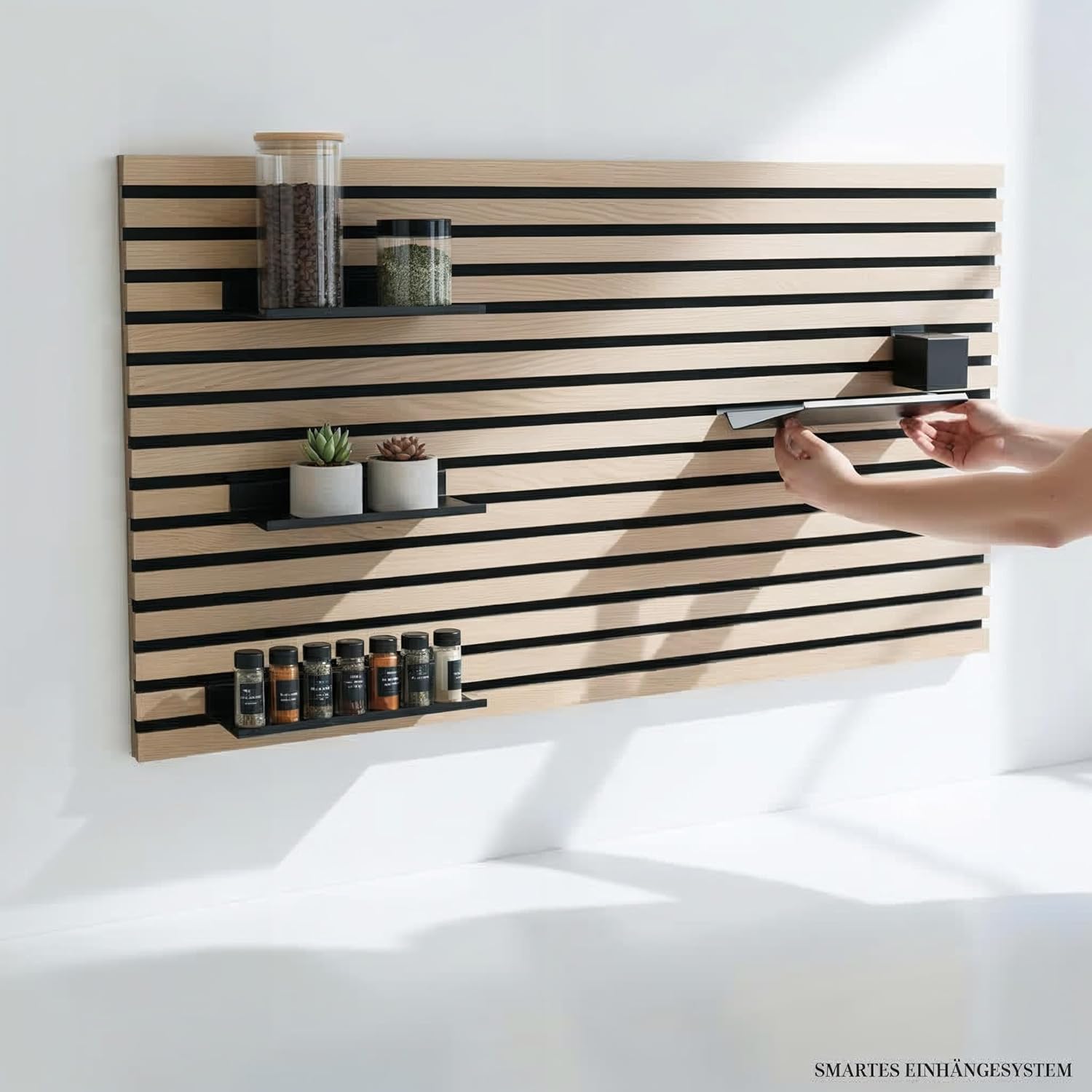 Steinmine - Designmanufaktur Wandorganizer (60 x 120 cm) - Akustikpaneel mit Eichenholzlamellen - inkl. Zubehör - einfache Montage - für Büro, Flur, Küche, Bad und mehr