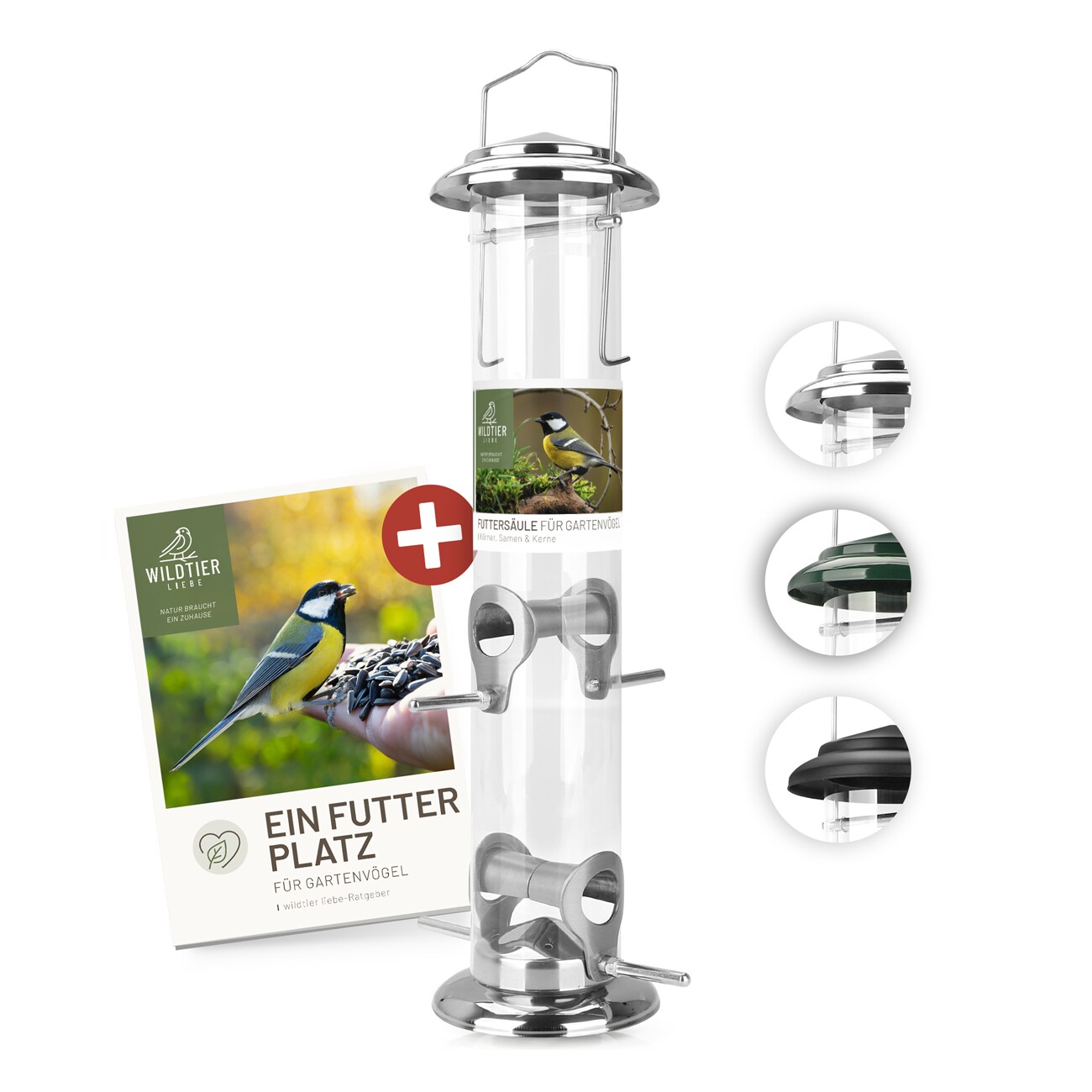 wildtier liebe Futtersäule für Samen, Körner & Kerne 38cm, Silber