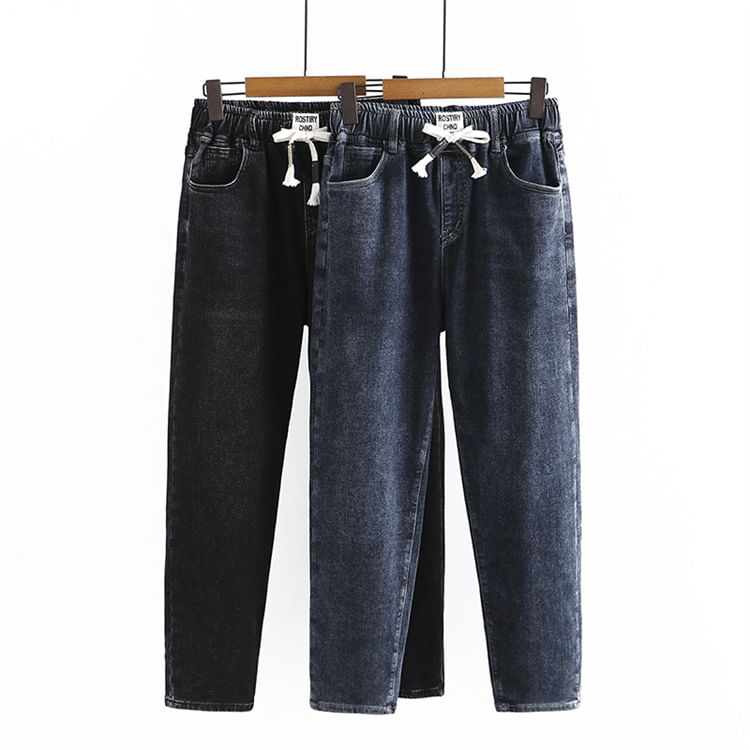 Krezol - Plus Size Trekkoord Taille Applique Washed Tapered Jeans