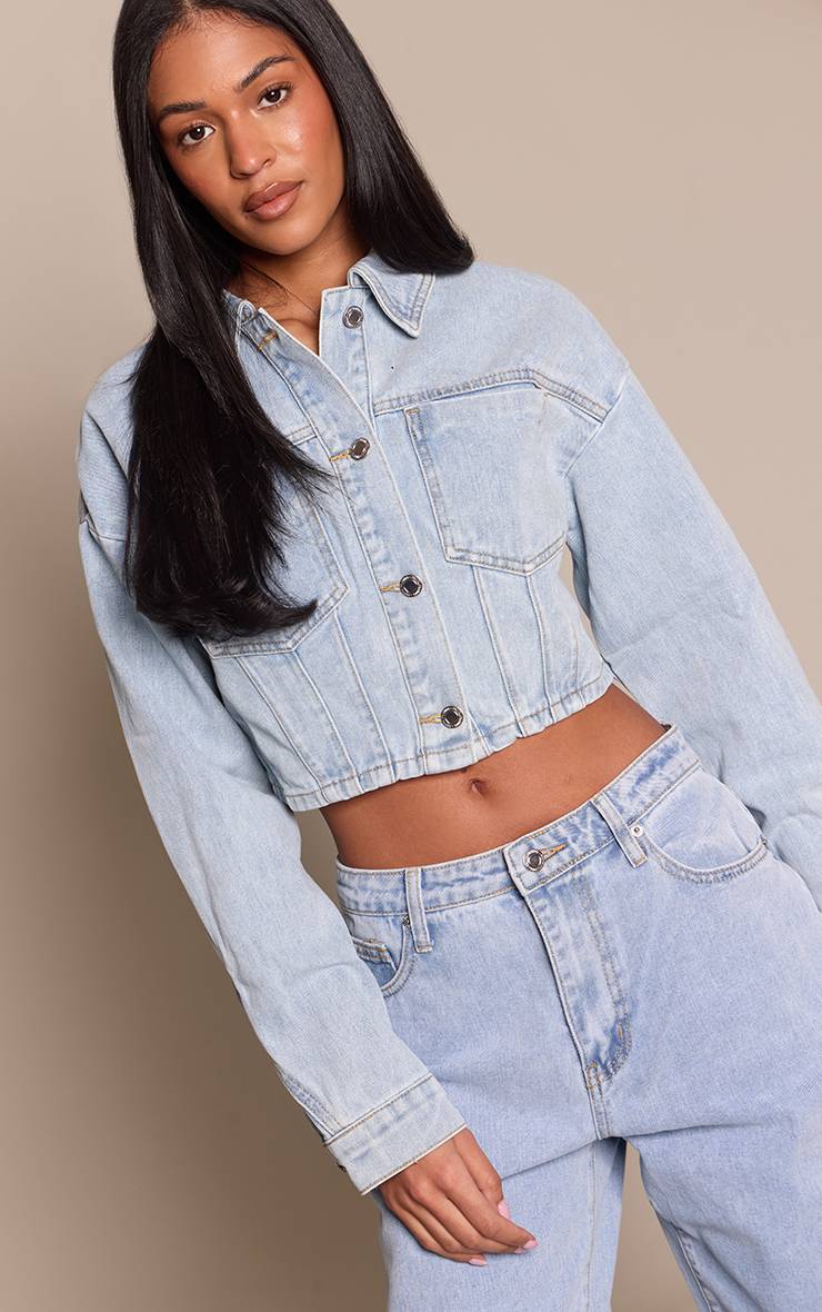 Bleu Clair Veste En Jean Courte À Manches Ballon Grande Taille