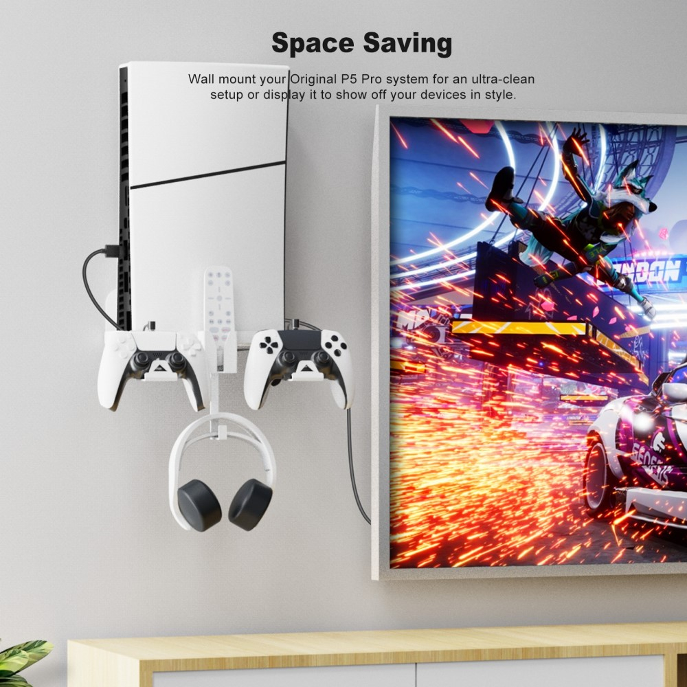 Sony PlayStation PS5 Slim Wandhalterung Metall Konsolen Halter mit Fernbedienung / Headset / Controller Halterung inkl. Dual Ladekabel - Weiss