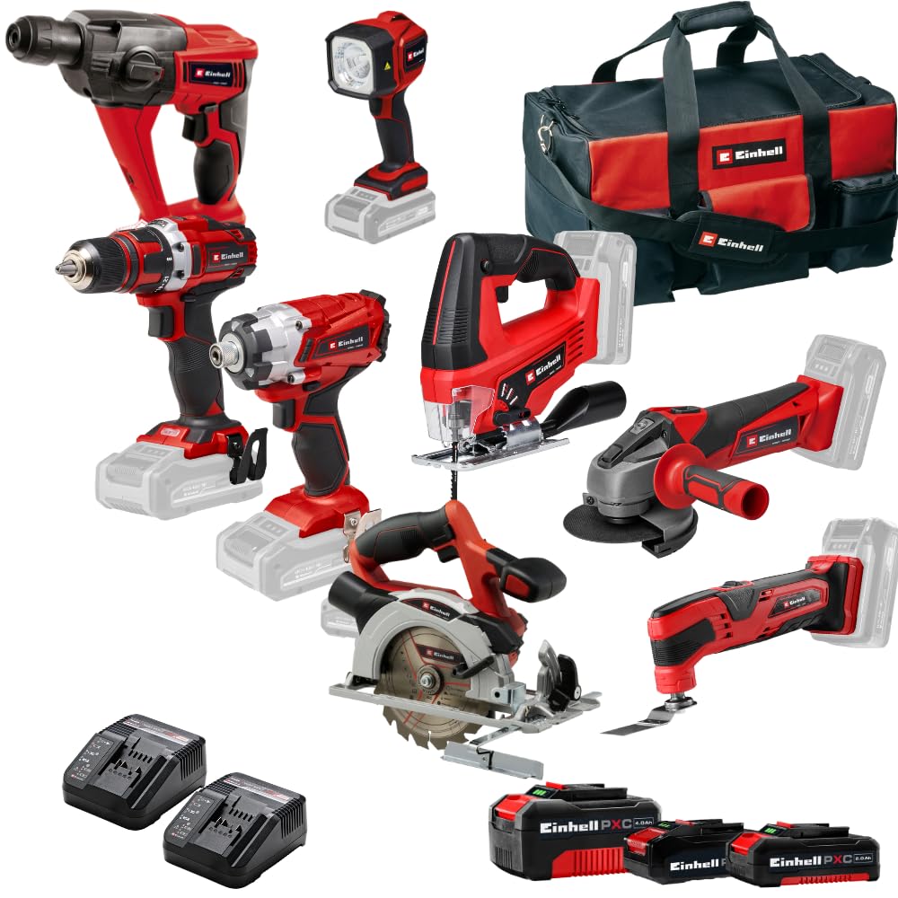 Einhell Pack 7 outils sans fil - Power X-Change (Meuleuse, Perforateur, Perceuse, Visseuse à chocs, Scie sauteuse, Scie circulaire, Outil multi) + 2 C