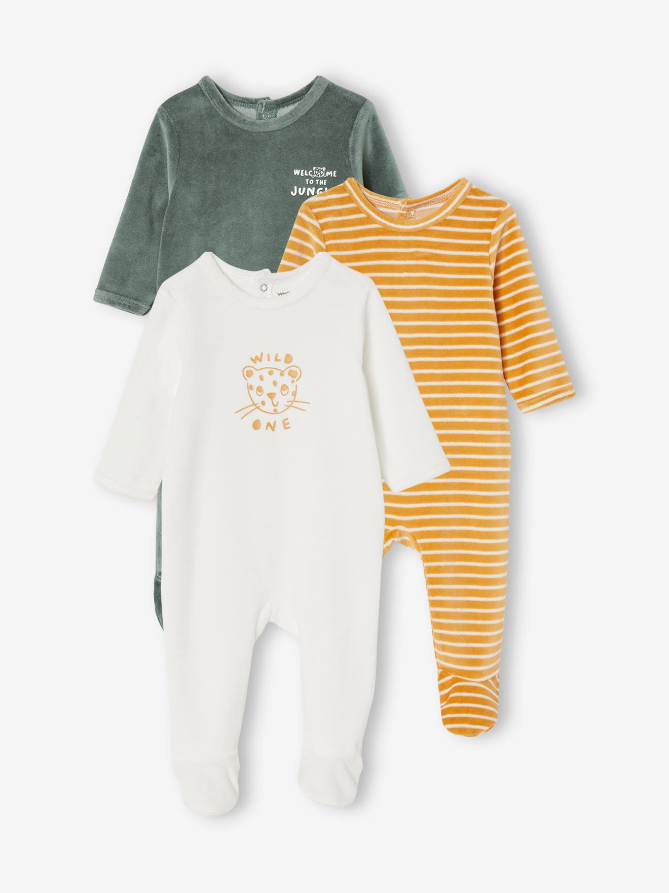 Conjunto de 3 pijamas de veludo com abertura nas costas, para bebê, rosa escuro, bicolor/multicolorido