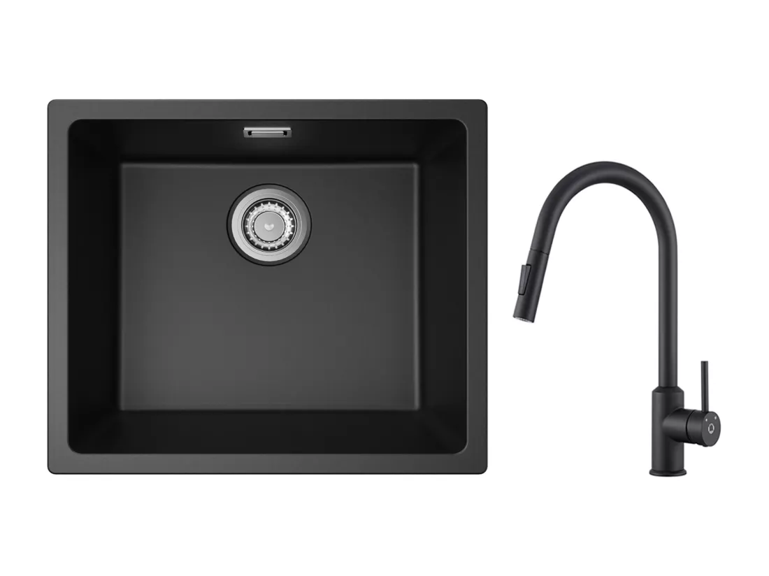 CECIPA MAX Evier 1 Bac en Quartz et Résine Noir Gris 50*44*20cm + Mitigeur de Cuisine avec Douchette Extractible Noir