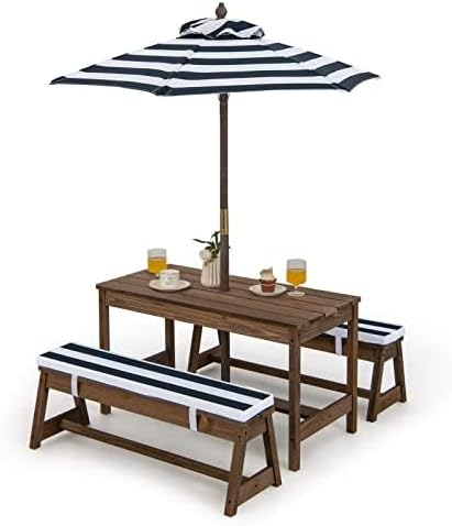 FANTASK Kindersitzgarnitur, Kinder Picknicktisch mit Bänke, Kissen & Sonnenschirm, Kindersitzgruppe aus Holz, Sitzgarnitur, Sitzgruppe Outdoor, Gartenmöbel für Garten, Hinterhof, Terrasse (Blau)