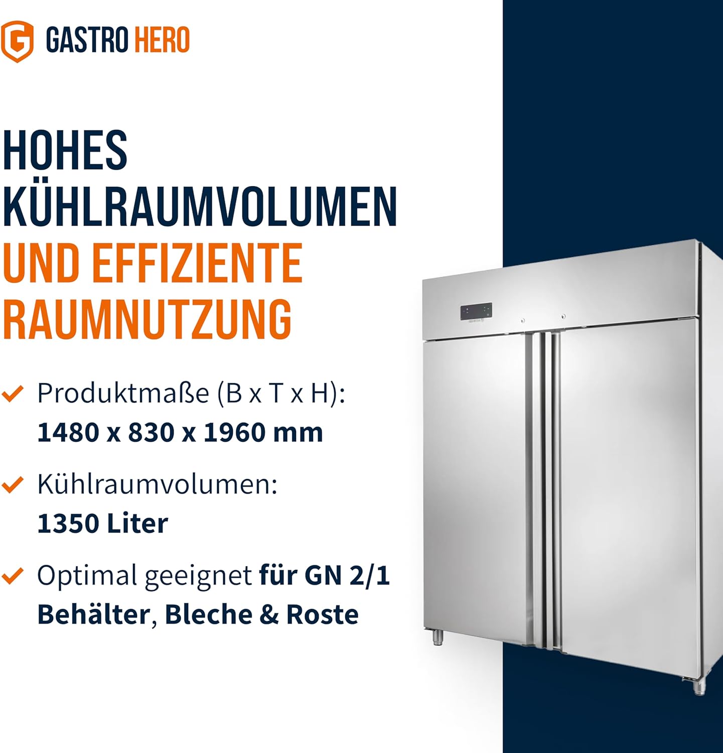 ECO 1300 GN 2/1 Monoblock Gastronomie Tiefkühlschrank, Gastronomiebedarf, 1350 Liter, Großvolumiger freistehender Gefrierschrank, Energiesparend, Robuste Bauweise