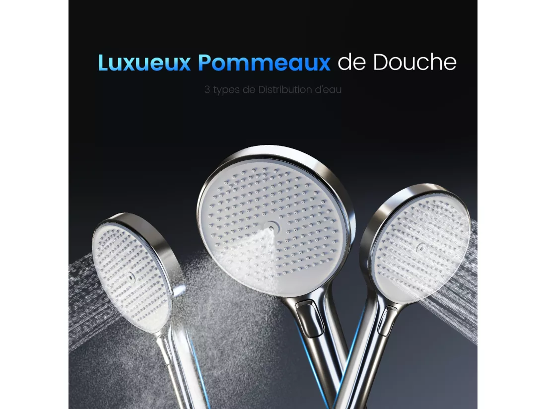 EMKE Colonne de douche avec thermostat 38℃ Douche pluie 40 cm étagère en verre avec 3+1 douchette parent-enfant+porte-douche - chromé