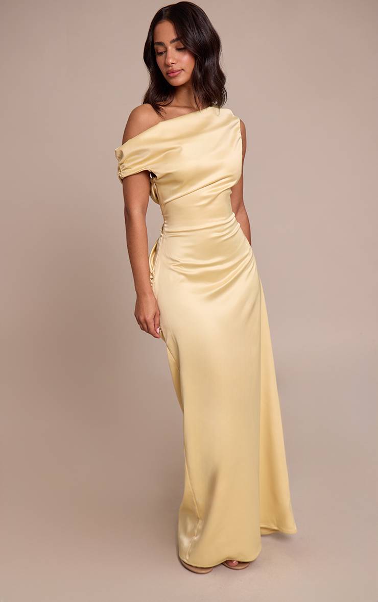 Butter Yellow Robe Longue Satinée Asymétrique Froncée Petite Taille