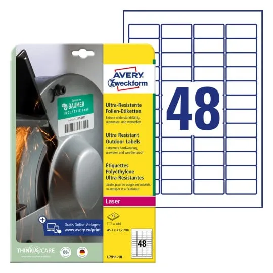 Etiketter Avery 45.7x21.2 mm, hvid, permanent, Polyetylen (PE), ekstremt modstandsdygtige - (10 ark x 48 stk.)