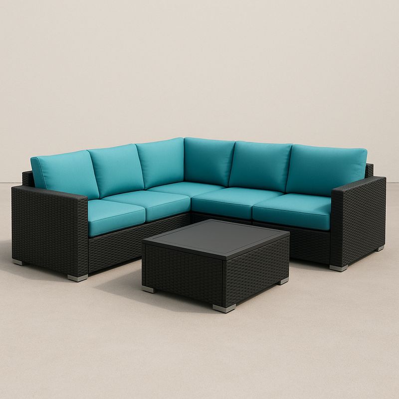 Gartenmöbel Lounge Set Polyrattan Ecksofa Türkis Sicherheitsglas