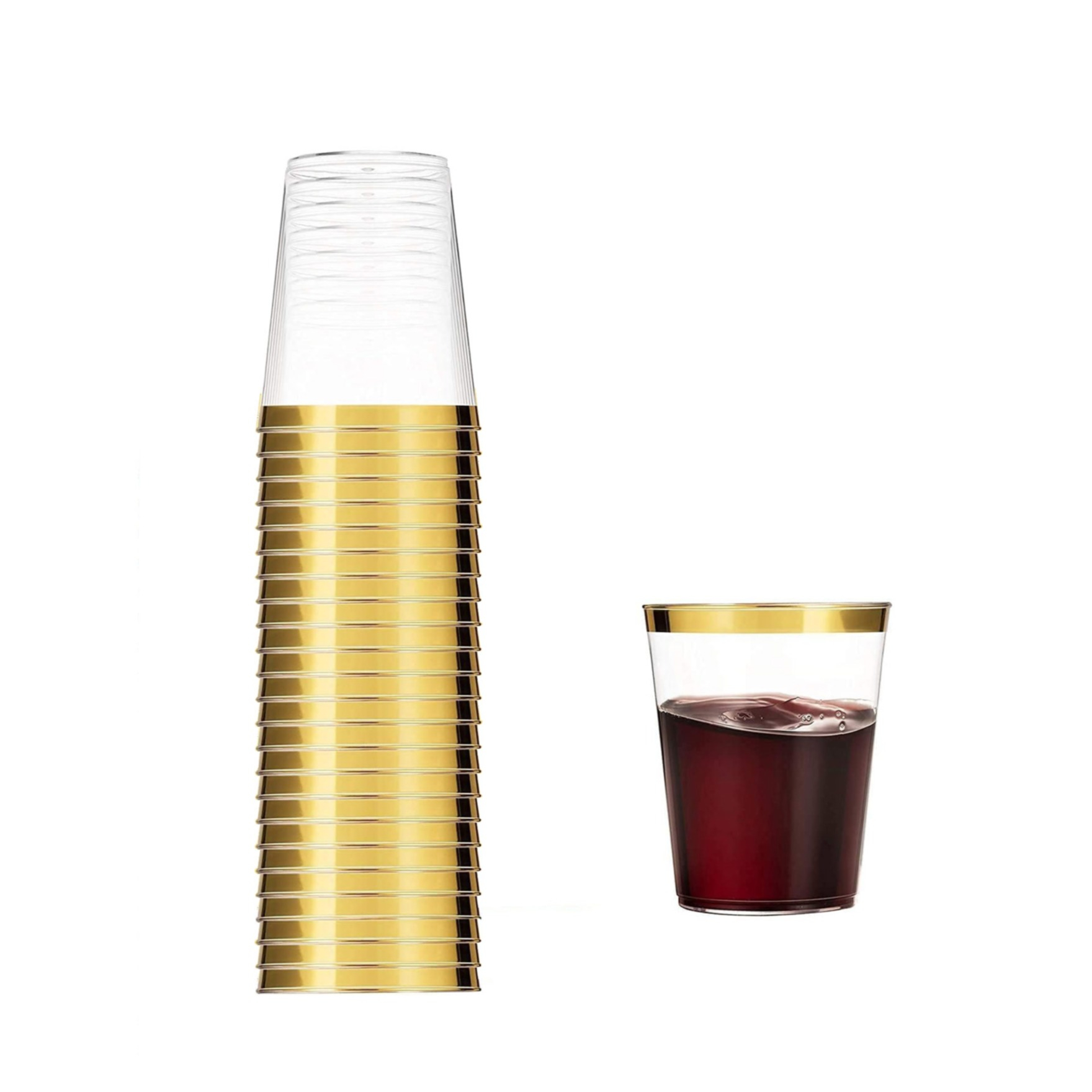 (25er Set) Einweg Trink Becher mit Gold Rand Party Geschirr Tisch Dekoration