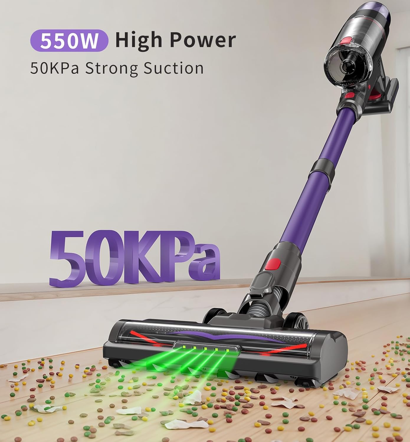 AKKU Staubsauger Kabellos 550W 50Kpa Leistungstark, Akku Sauger Beutellos mit Touchscreen Selbststehend Anti-Tangle, für Teppiche Hartböden Bett Auto