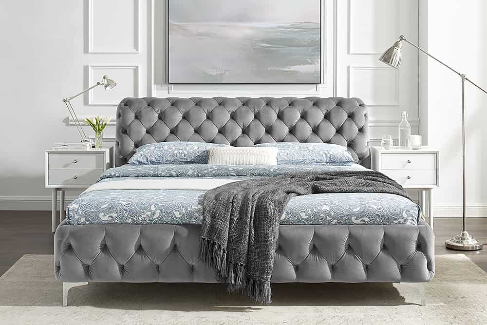 Design Bett MODERN BAROCK 160x200cm grau Samt Chesterfield Doppelbett