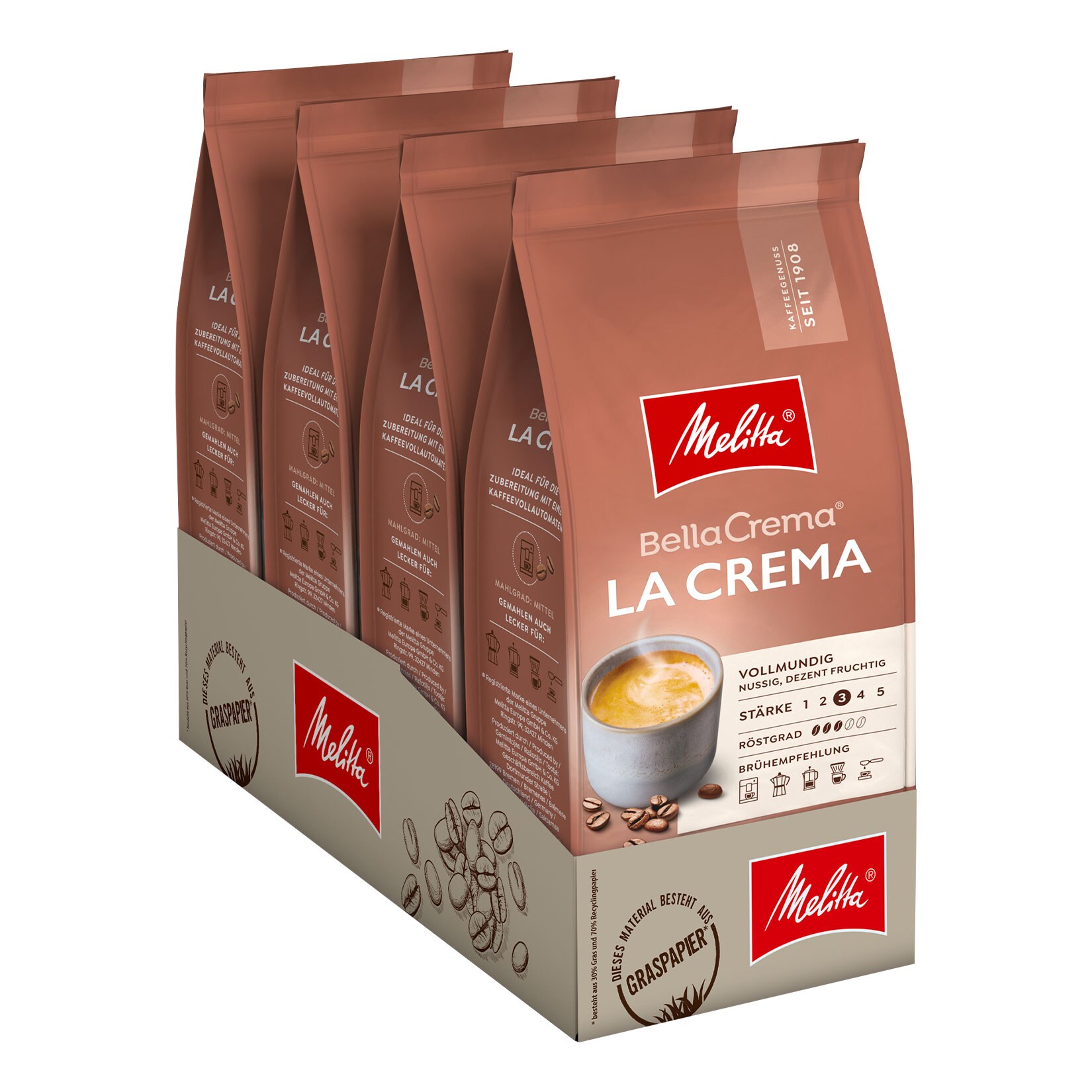 Melitta Bella Crema La Crema ganze Bohne 1000 g, 4er Pack