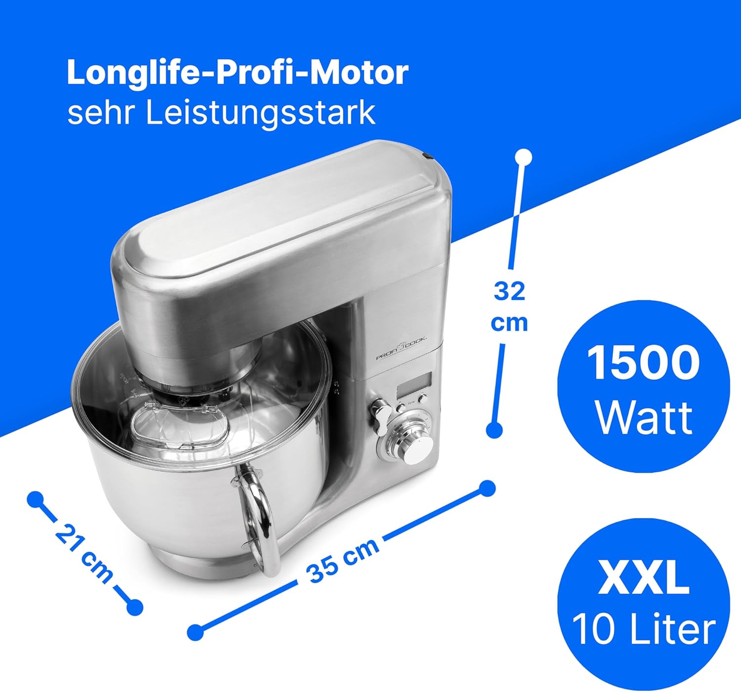 ProfiCook® Küchenmaschine mit XXXL-Edelstahlschüssel | Rühgerät 10L mit 1500W Motor | Knetmaschine inkl. Haken & Schneebesen | Teigknetmaschine Spritzschutz mit Nachfüllöffnung | PC-KM 1096