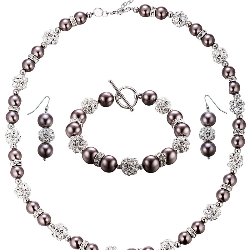 Parure Collier, Bracelet et Boucles d'oreilles Perles Bronze, Cristal et Plaqué Rhodium